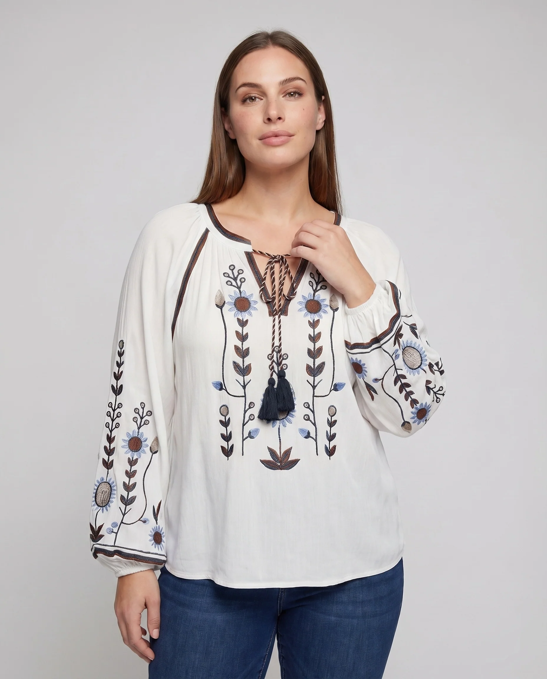 Damen Folklore-Bluse Ballonärmel Quasten-Kordel Bestickt - Image 2