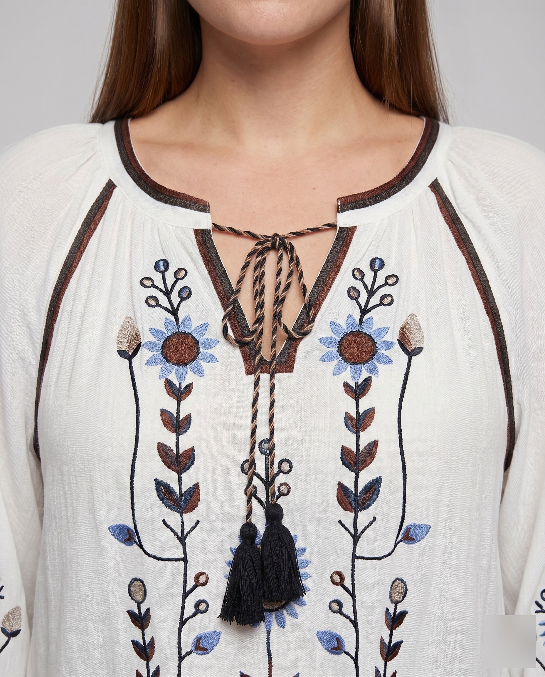 Damen Folklore-Bluse Ballonärmel Quasten-Kordel Bestickt - Image 3