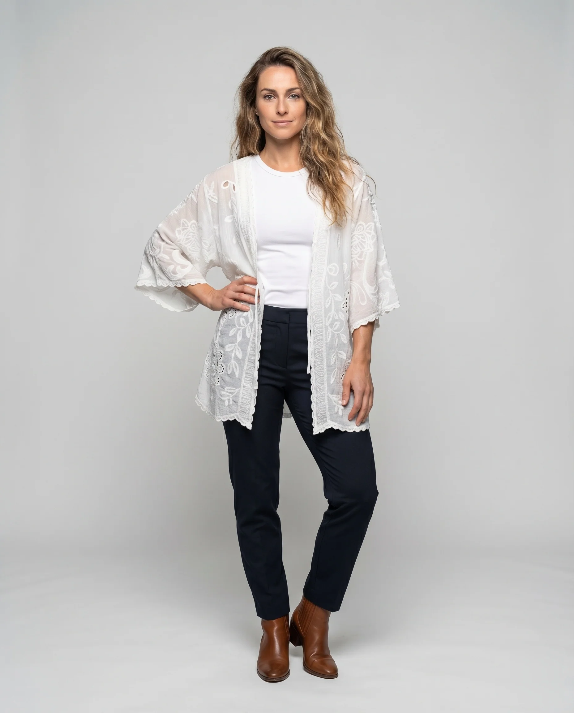 Damen Spitzenkimono Häkelapplikationen Bindeband Bestickt