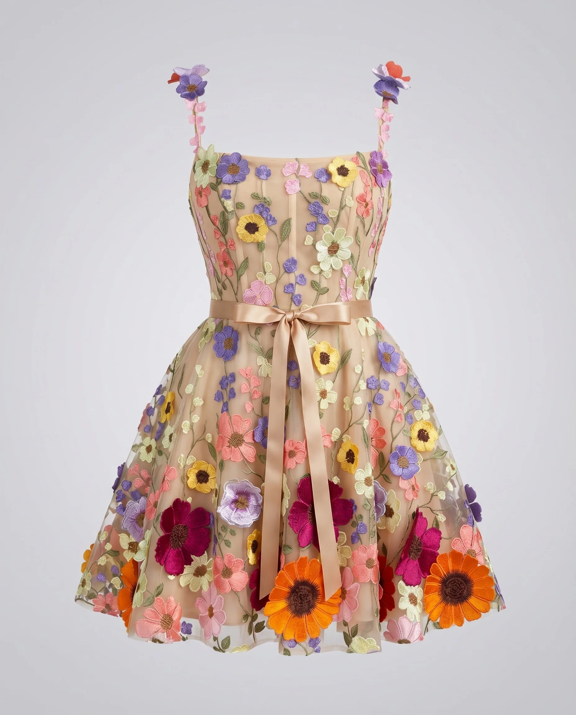 Damen Tüllkleid Blumenapplikation Satinschärpe Bestickt - Image 5