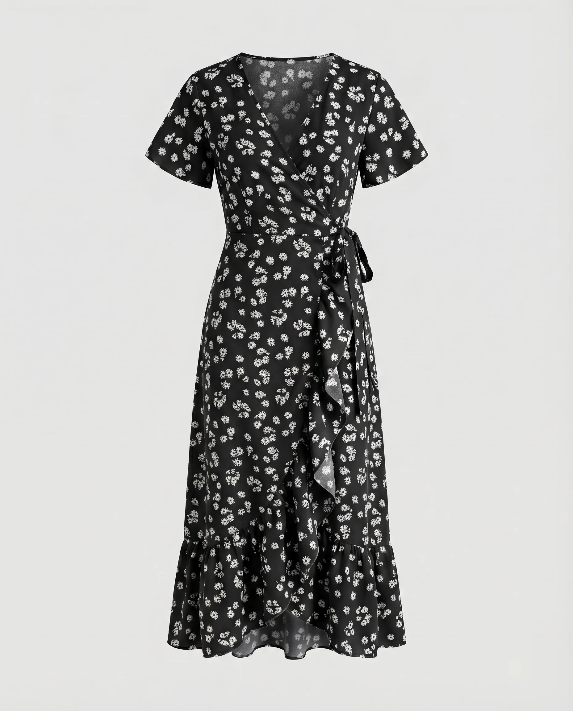Damen Bindewickel-Midikleid V-Ausschnitt Volantstufen Seitenschlitz - Image 6