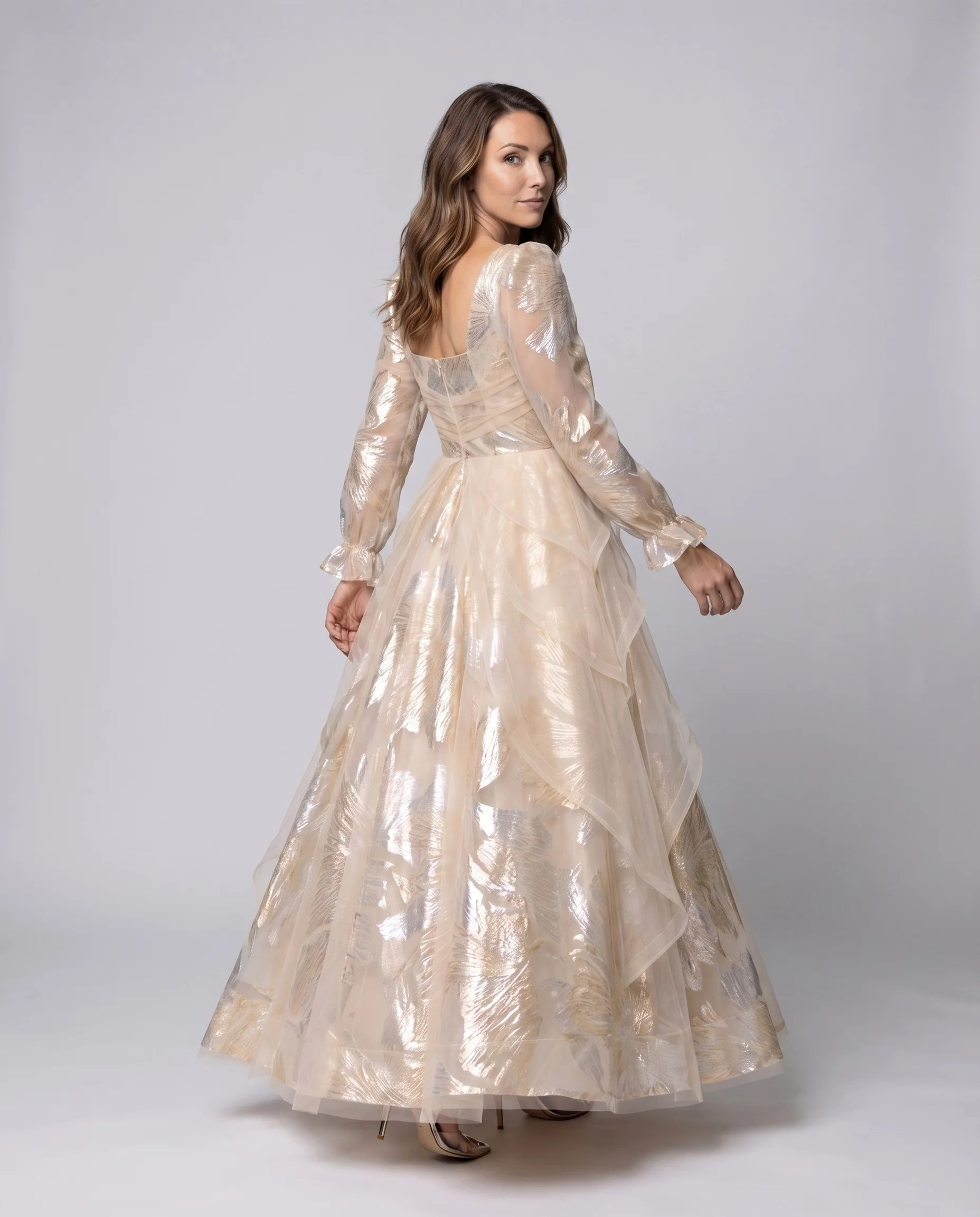 Damen Ballkleid Mehrlagiger Glanz-Tüll Puffärmel Bodenlang - Image 4