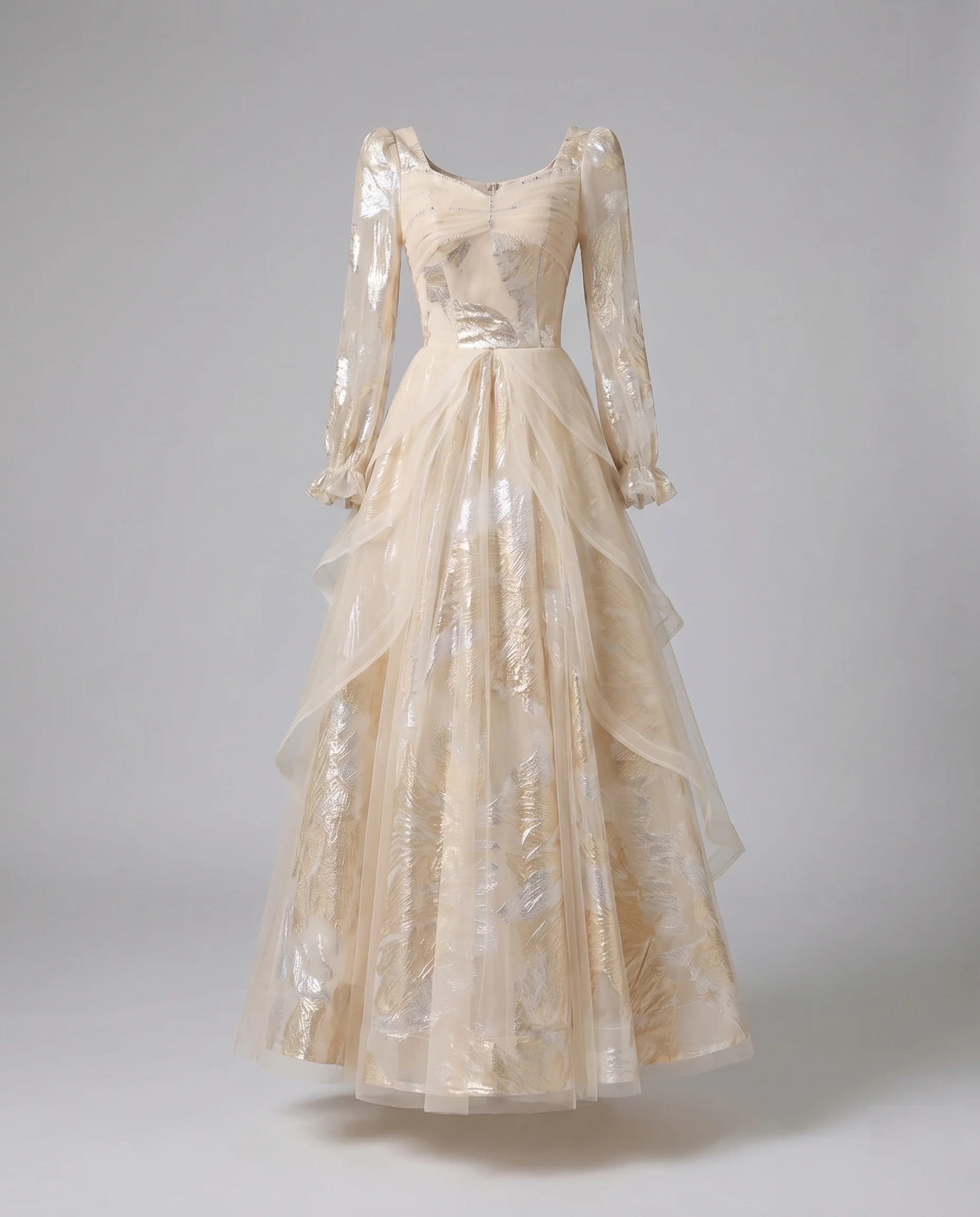 Damen Ballkleid Mehrlagiger Glanz-Tüll Puffärmel Bodenlang - Image 5