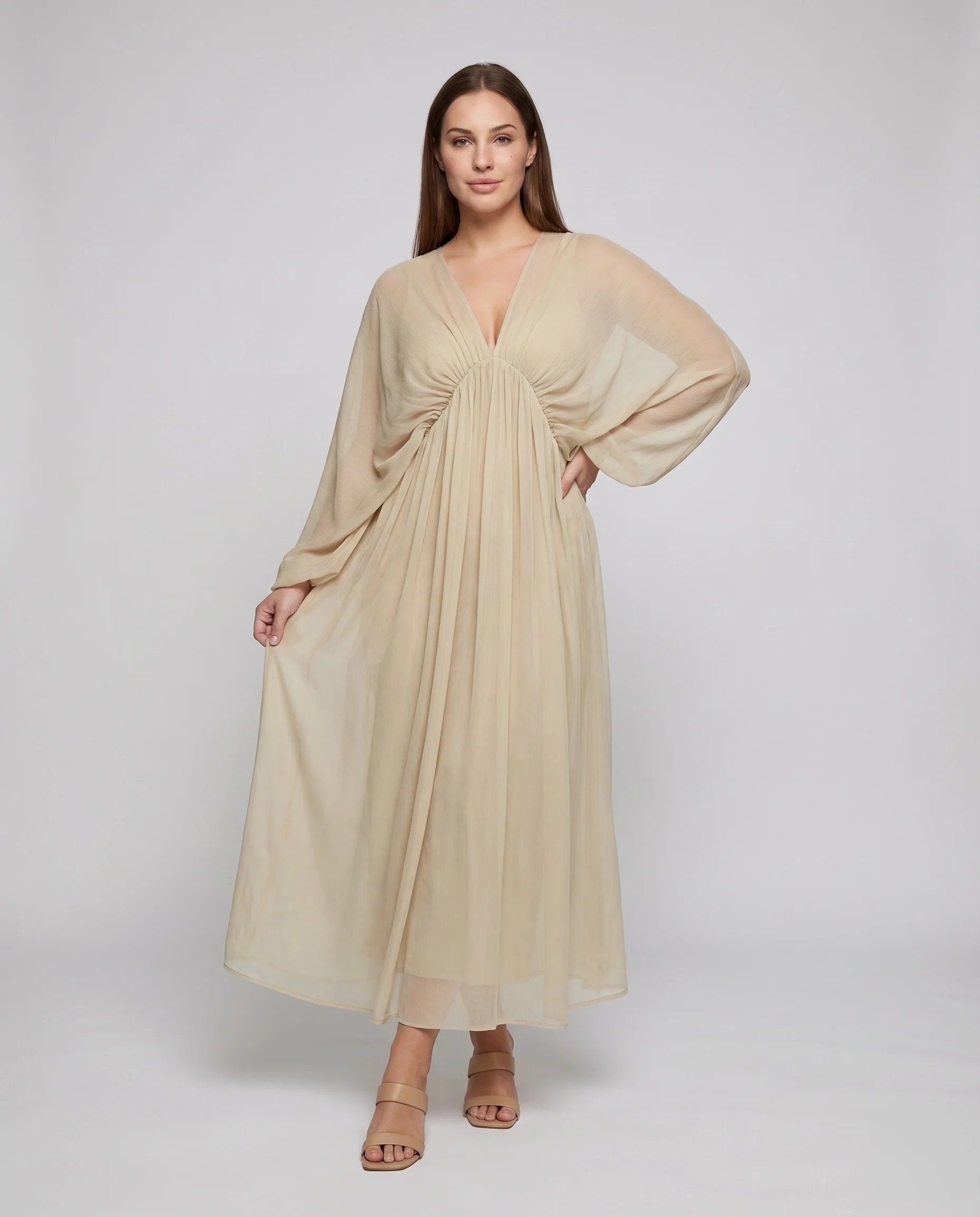 Damen Chiffon-Kleid Transparentes Cape Kimonoärmel Bodenlang