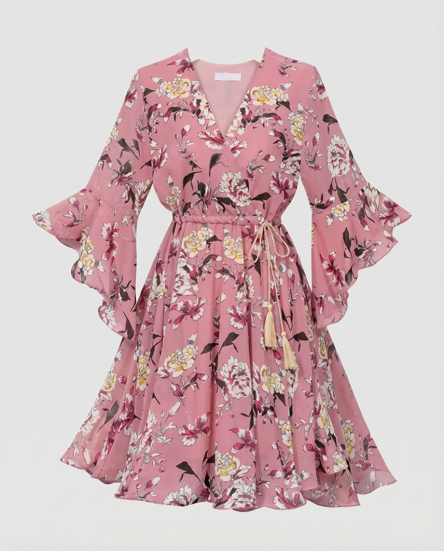 Damen Boho-Chiffon-Midikleid Glockenärmel Volantrock Kordelzug - Image 5