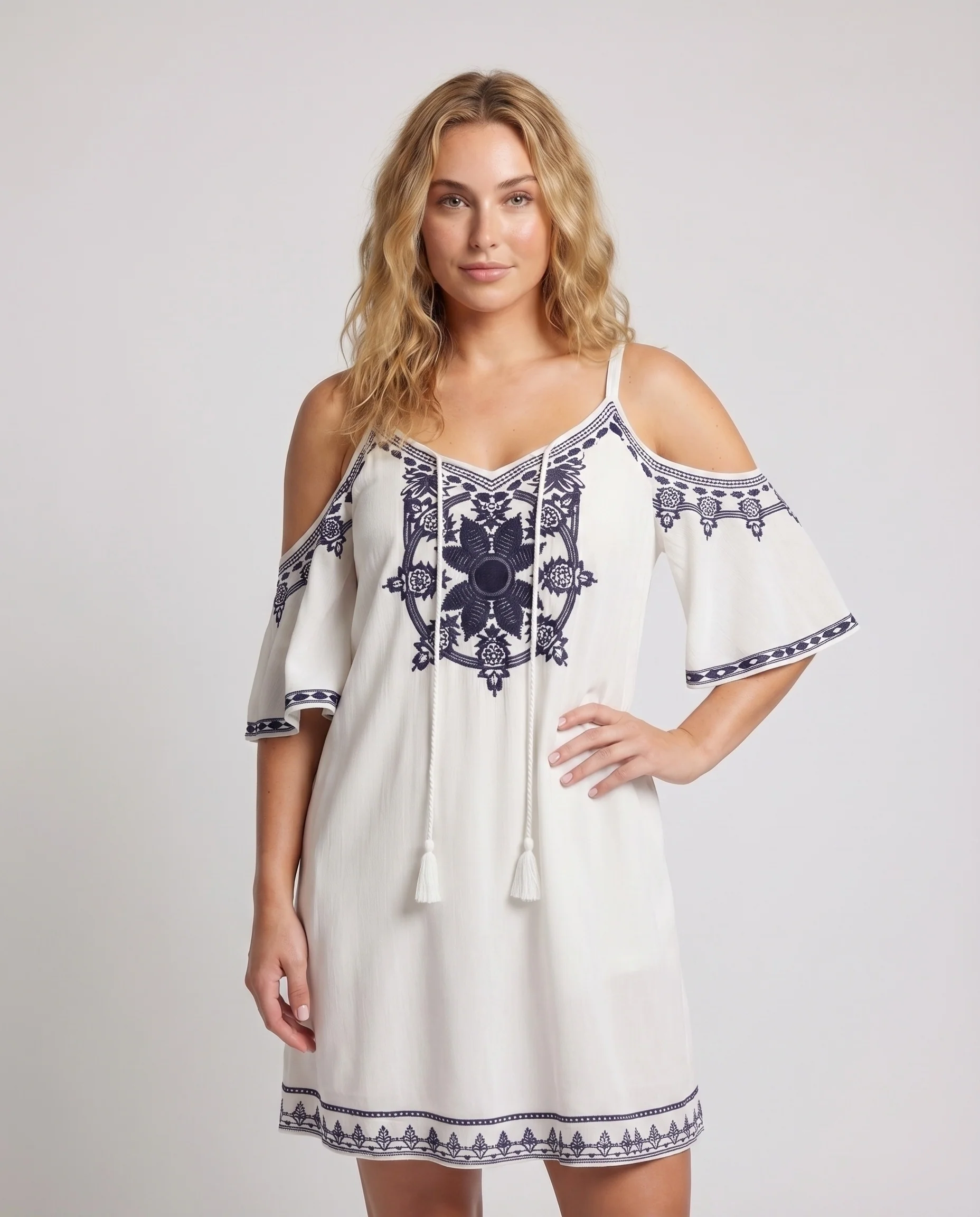 Damen Boho-Kleid Offene Schultern Quastenbänder Glockenärmel - Image 2
