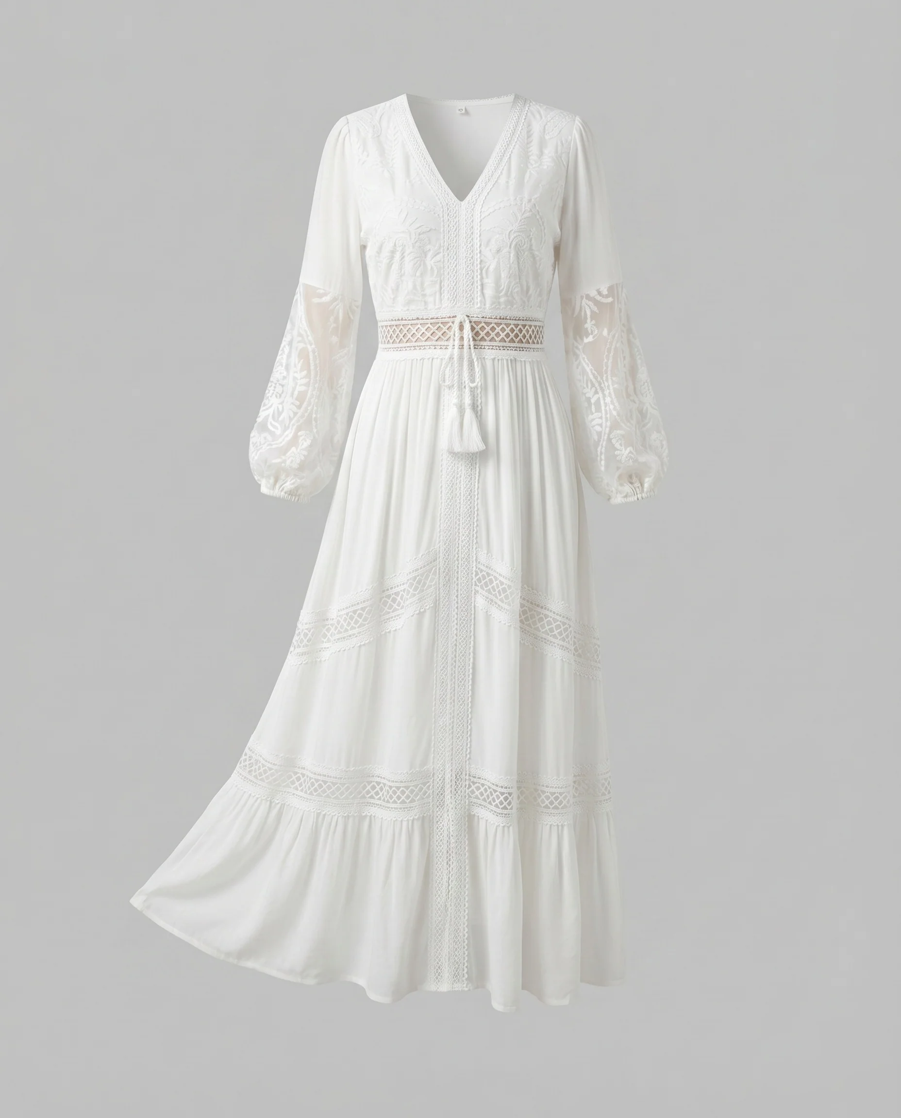 Damen Boho-Langkleid Gehäkelte Taille Ballonärmel V-Ausschnitt - Image 5