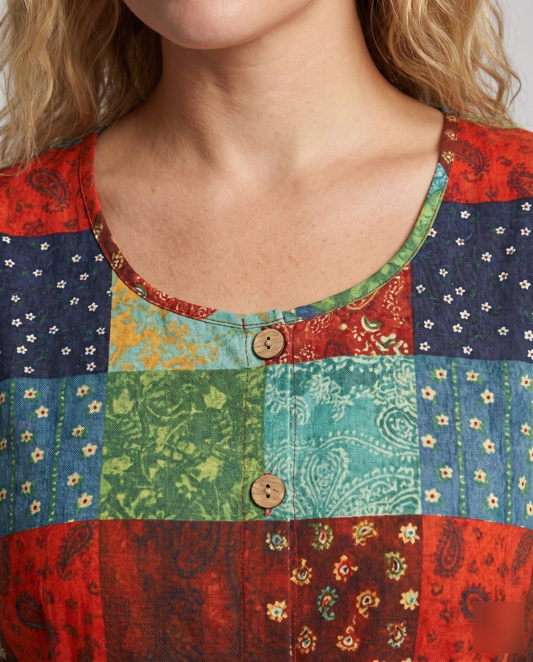 Damen Boho-Patchwork-Midikleid Kurze Knopfleiste Überschnittene Ärmel - Image 3