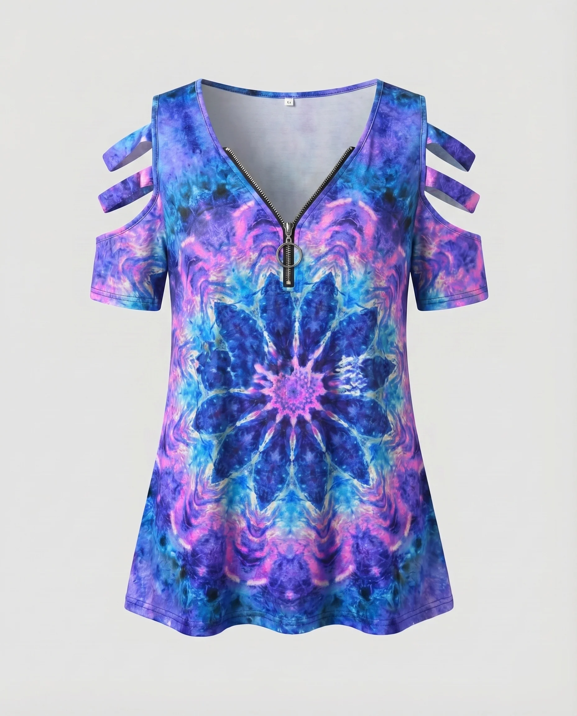Damen Tunika-Top Boho-Print Cut-Out-Ärmel Zipp-Ausschnitt - Image 11