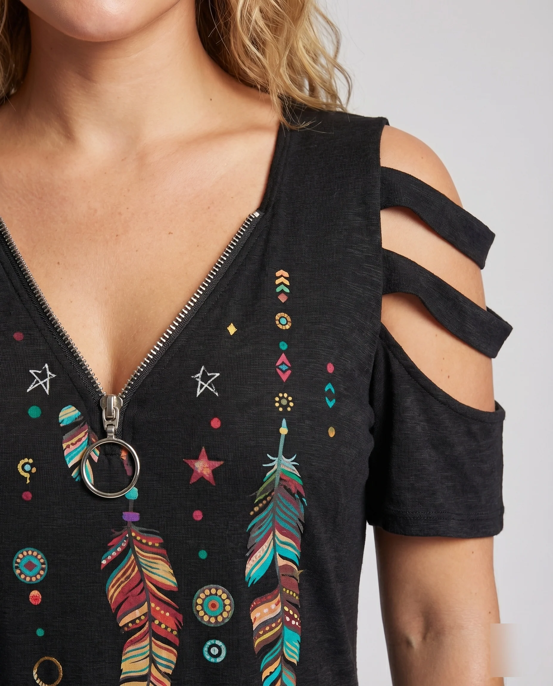 Damen Tunika-Top Boho-Print Cut-Out-Ärmel Zipp-Ausschnitt - Image 3