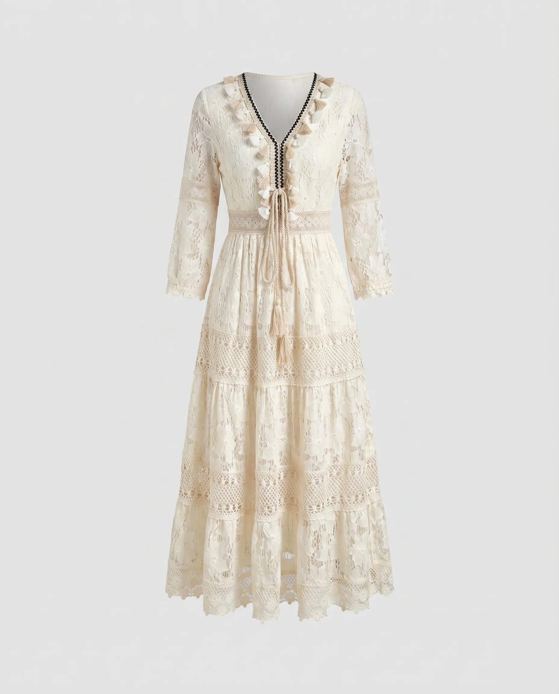 Damen Boho-Spitzenkleid Gehäkelter Stufenrock Quasten V-Ausschnitt - Image 5