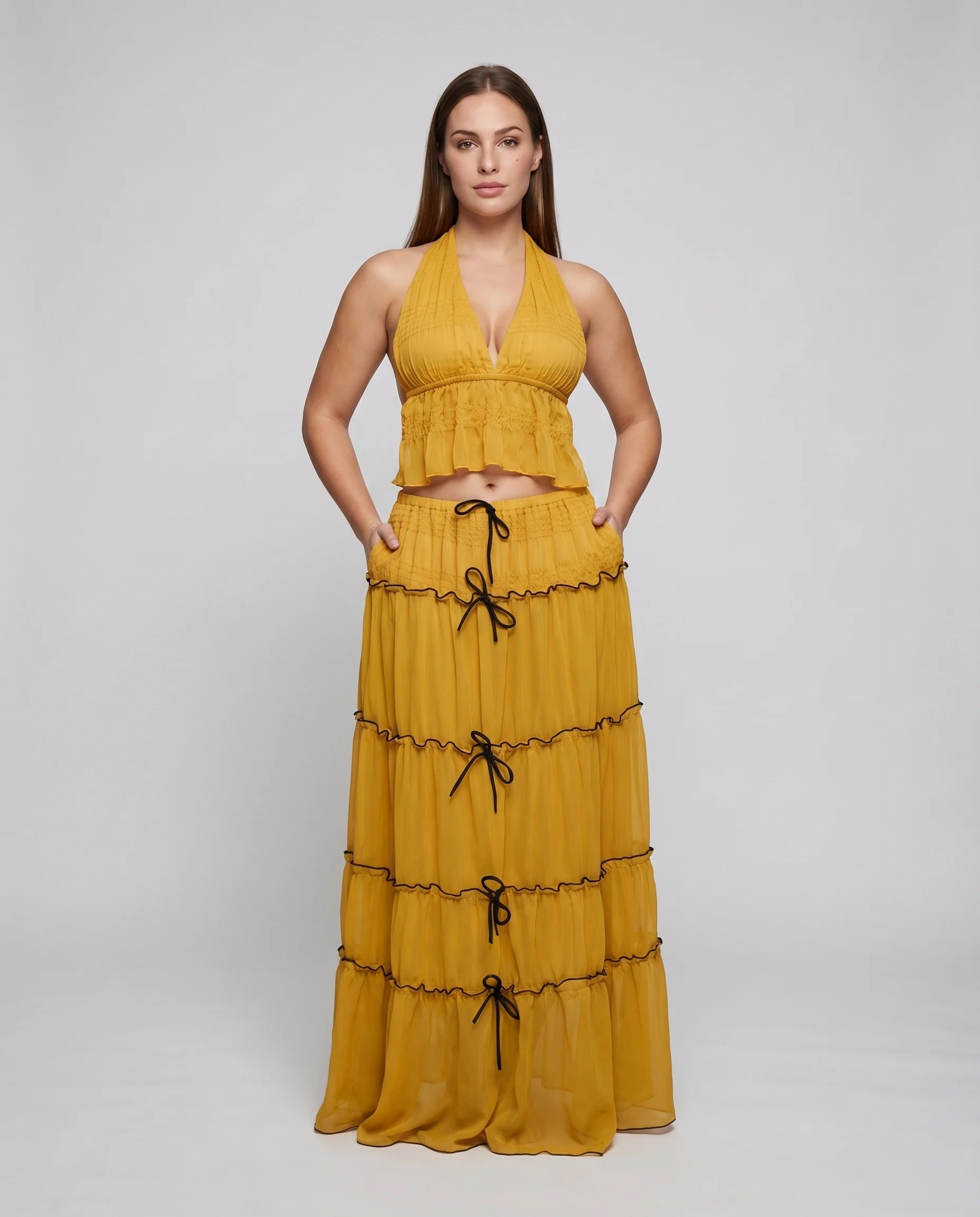 Damen Boho-Zweiteiler Gebundenes Bustier Kordelzüge Stufenrock