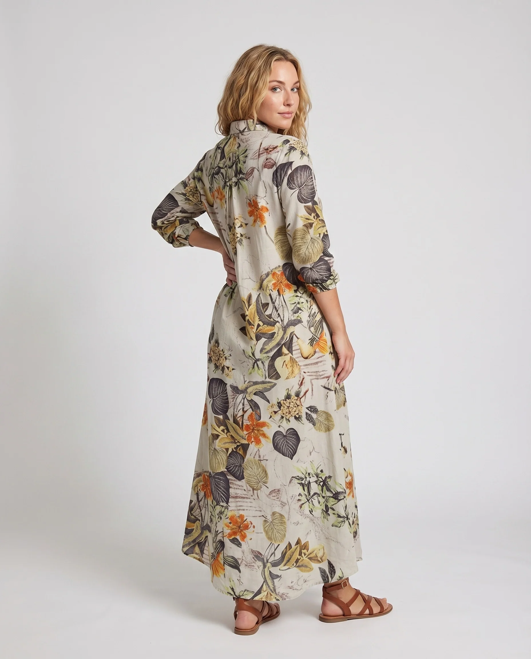 Damen Hemd-Maxikleid Botanik-Print 3/4-Arm Eingrifftaschen - Image 3