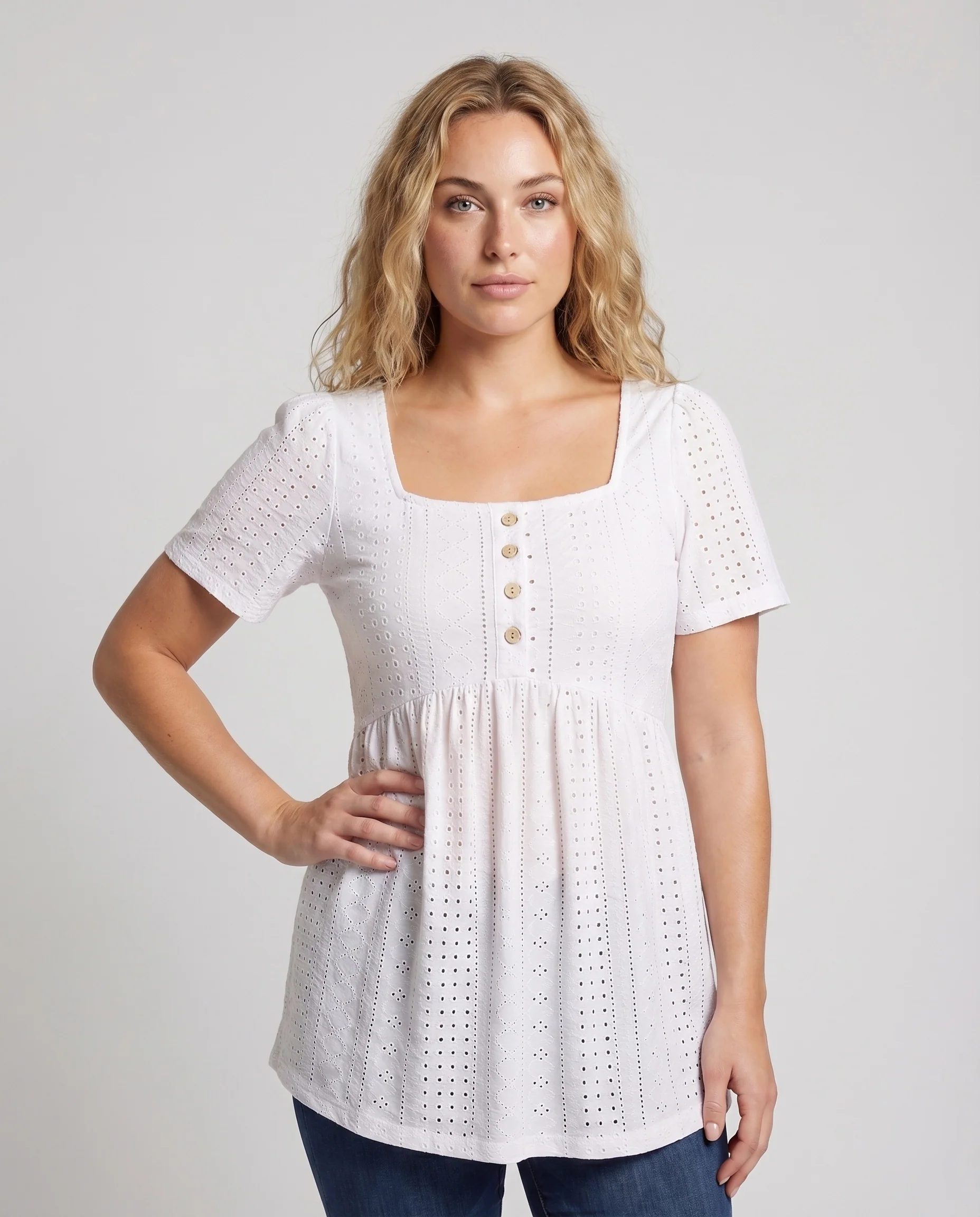 Damen Broderie-Anglaise-Tunika Puffärmel Empire-Taille Quadrat-Ausschnitt - Image 2