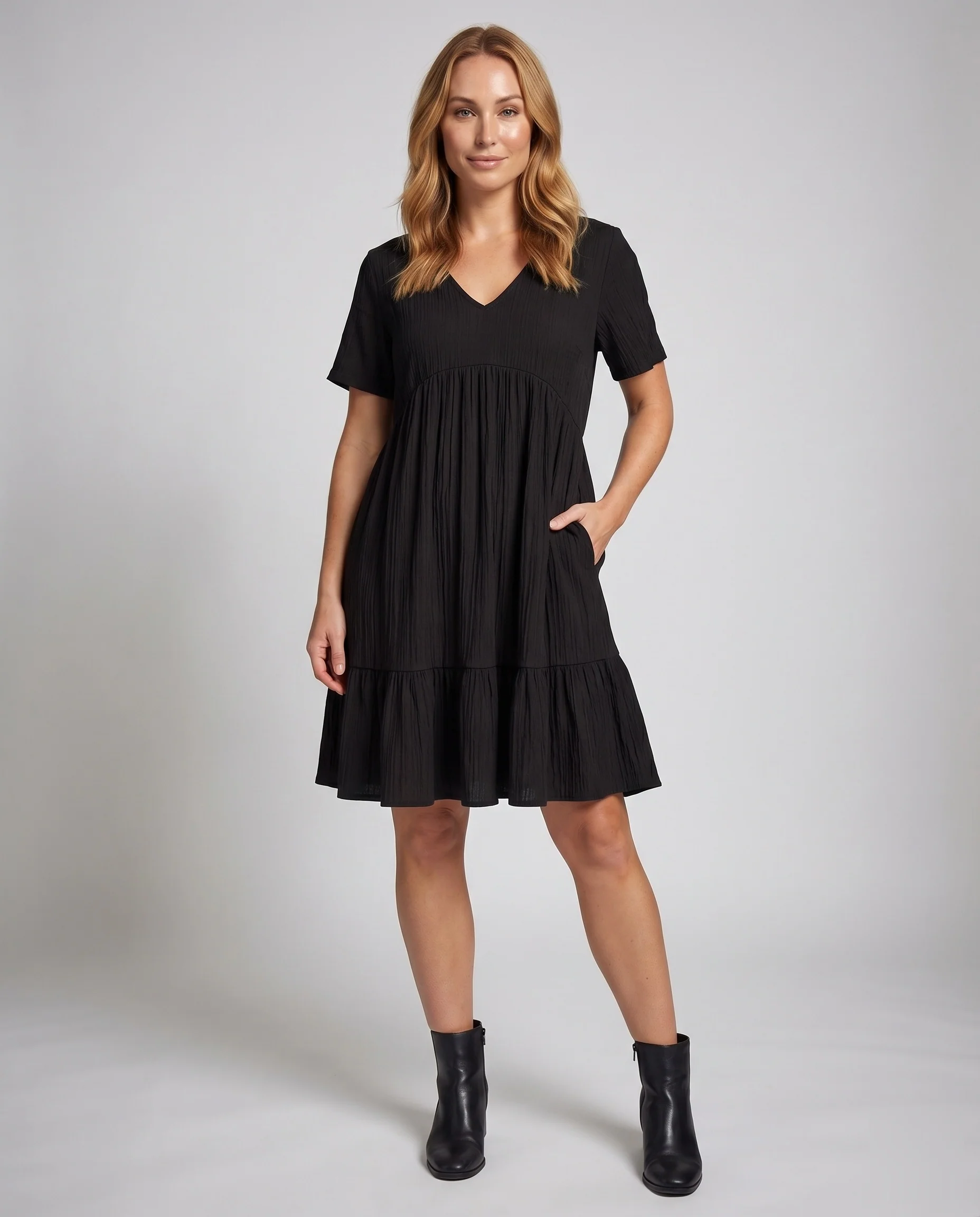 Damen Crinkle-Swingkleid V-Ausschnitt Empire-Naht Stufenvolant