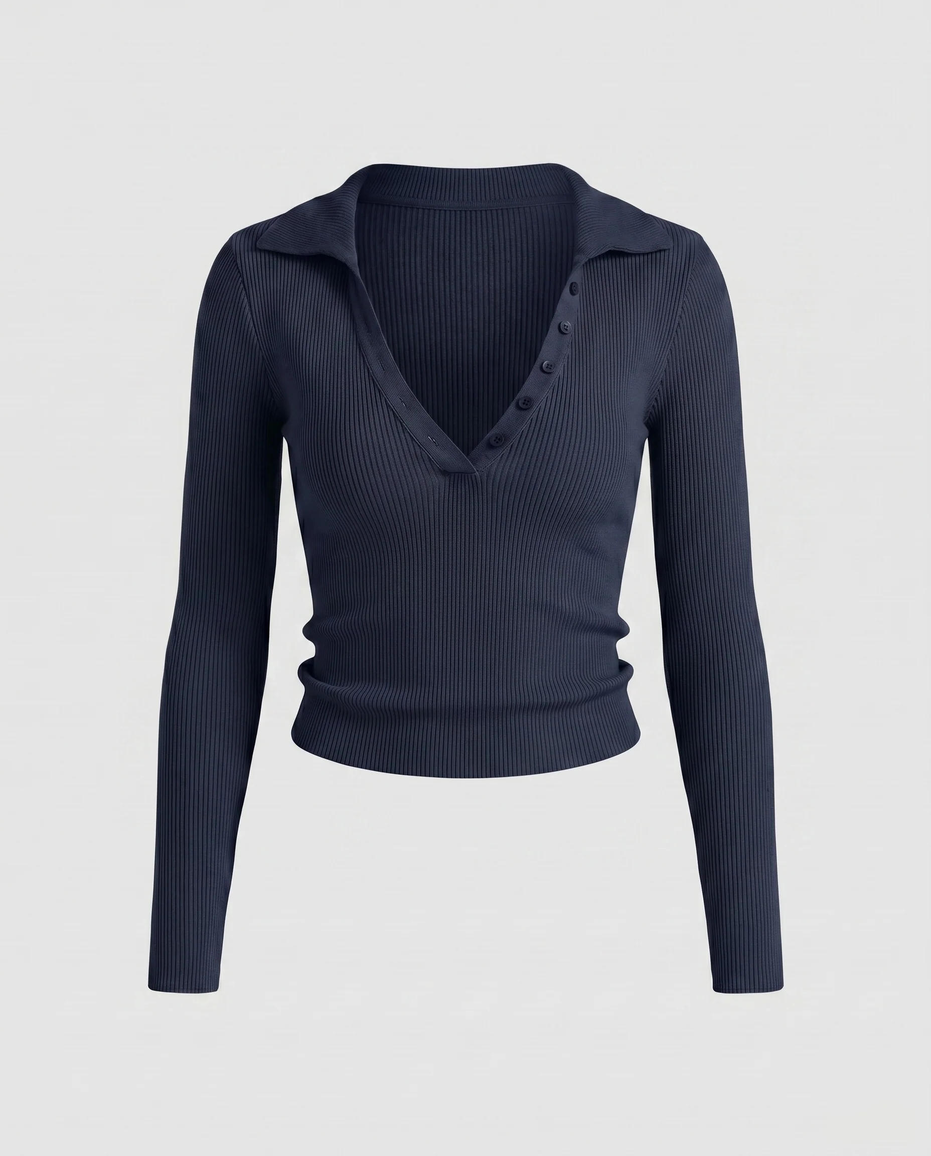 Damen nan Cropped-Wickel-Langarmshirt aus Formstrick mit asymmetrischer Knopfleiste und Crossover-Dekolleté - Image 7