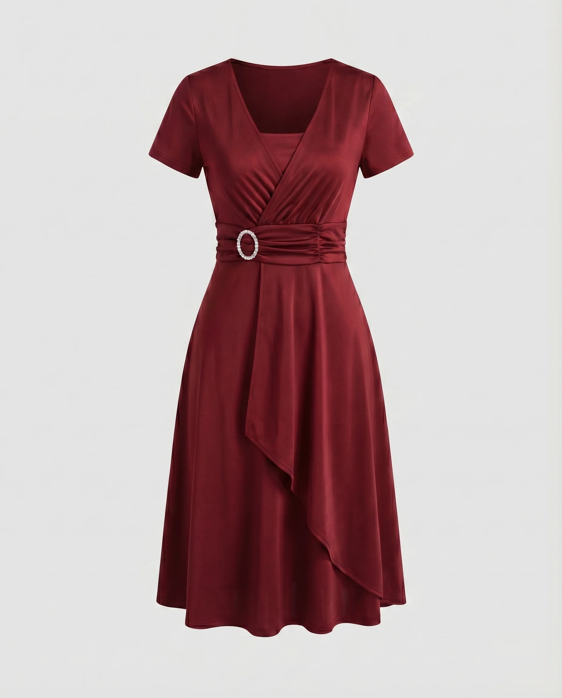 Damen Etuikleid Wickel-Look V-Ausschnitt Zierschnalle - Image 7