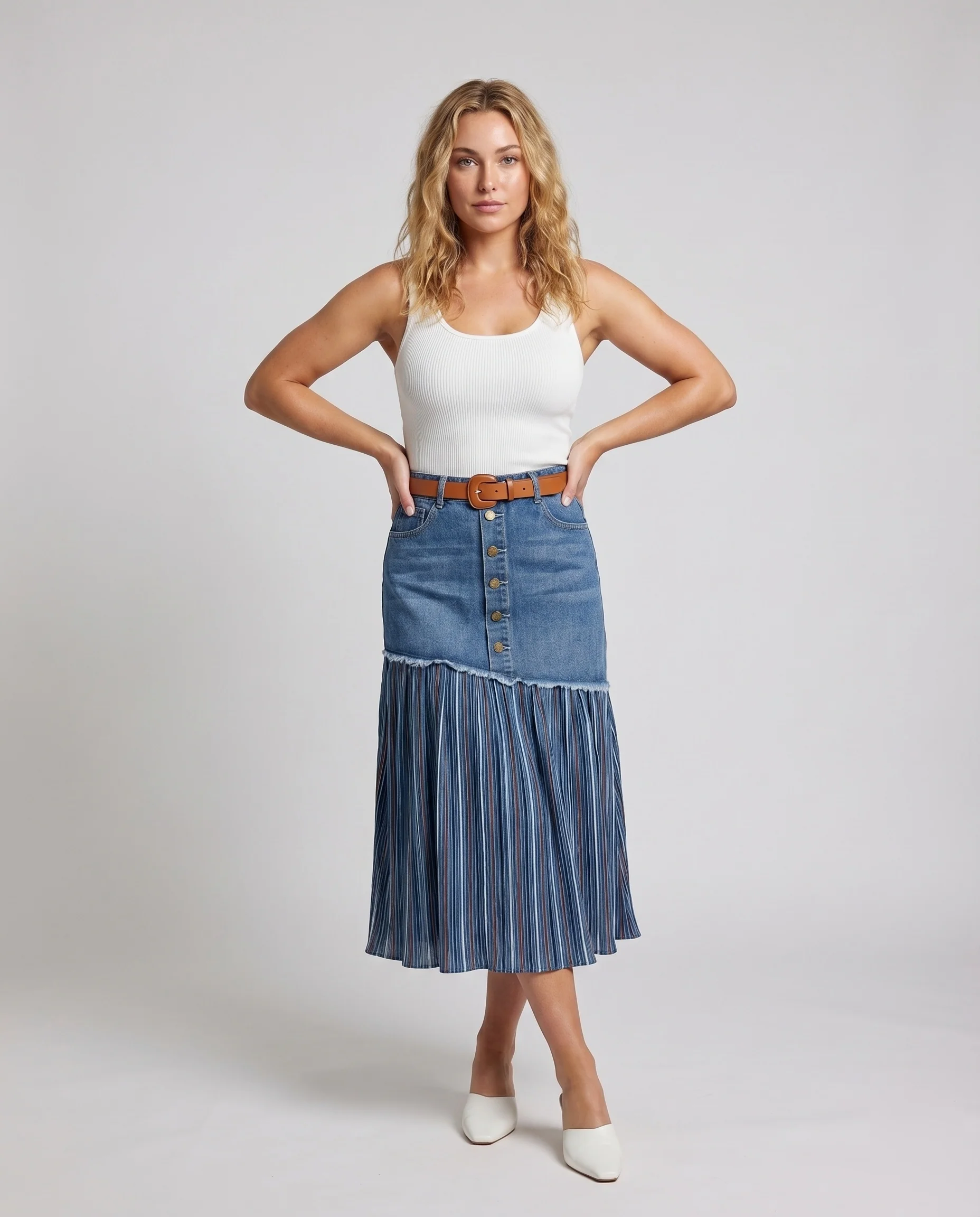 Damen Moderne Streifenplissee Denim Duo-Midirock