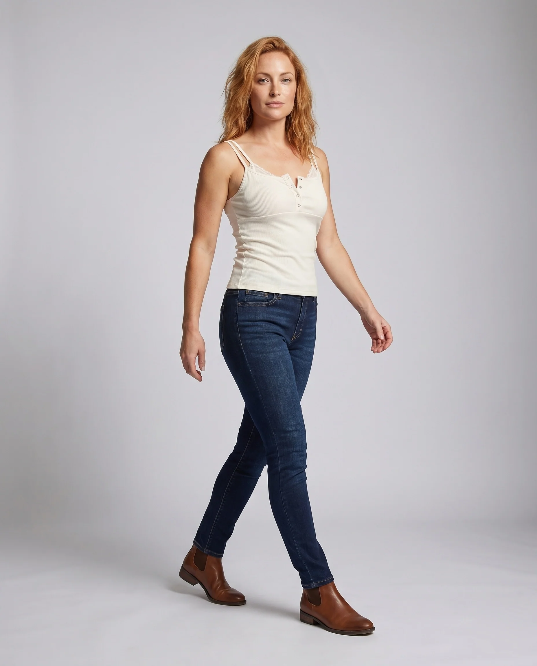 Damen nan elastisches Ripp-Hemdchen im Henley-Stil mit Doppelträgern und Spitzenborte