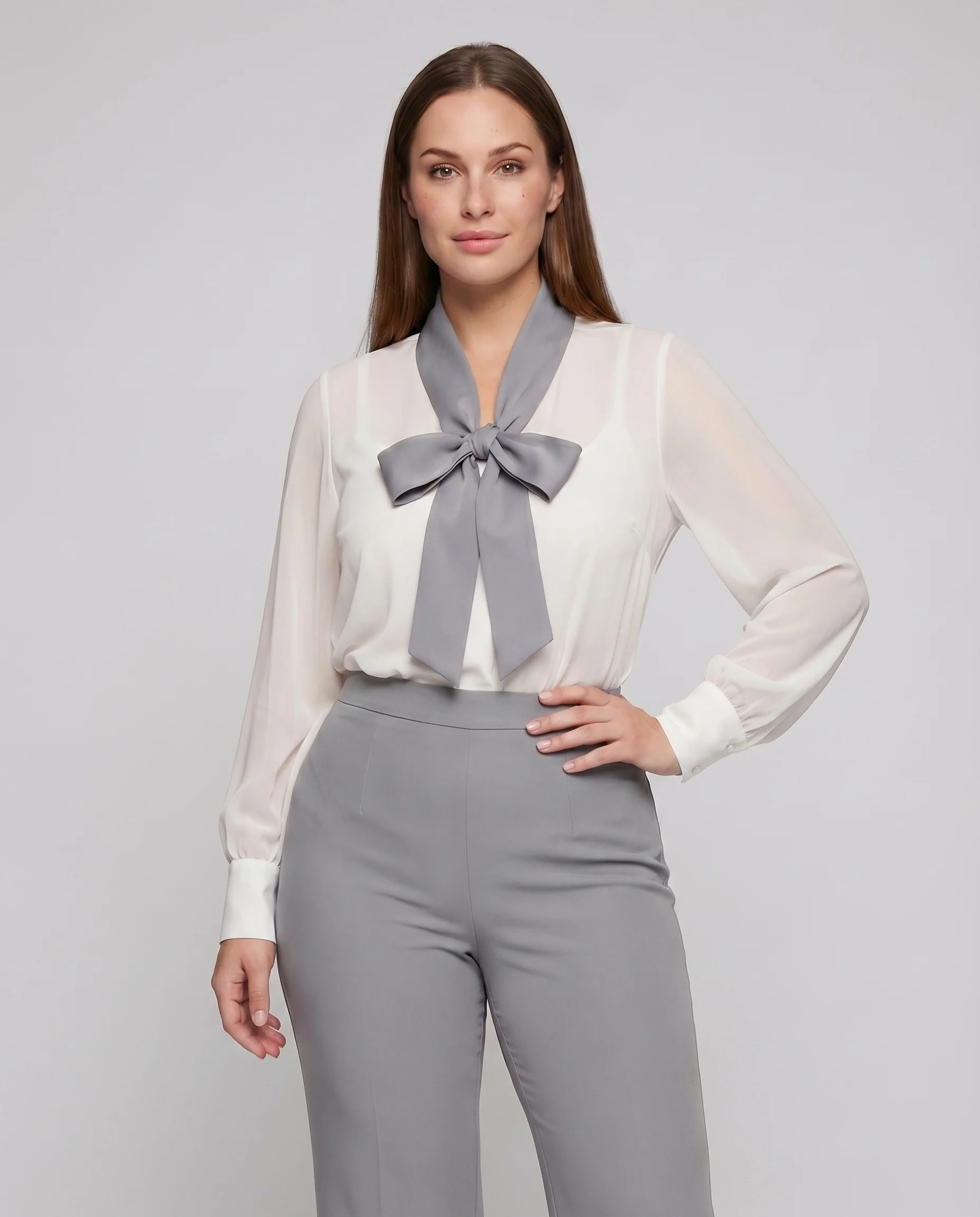 Damen Chiffonbluse Schleifenkragen Transparente Manschetten - Image 2