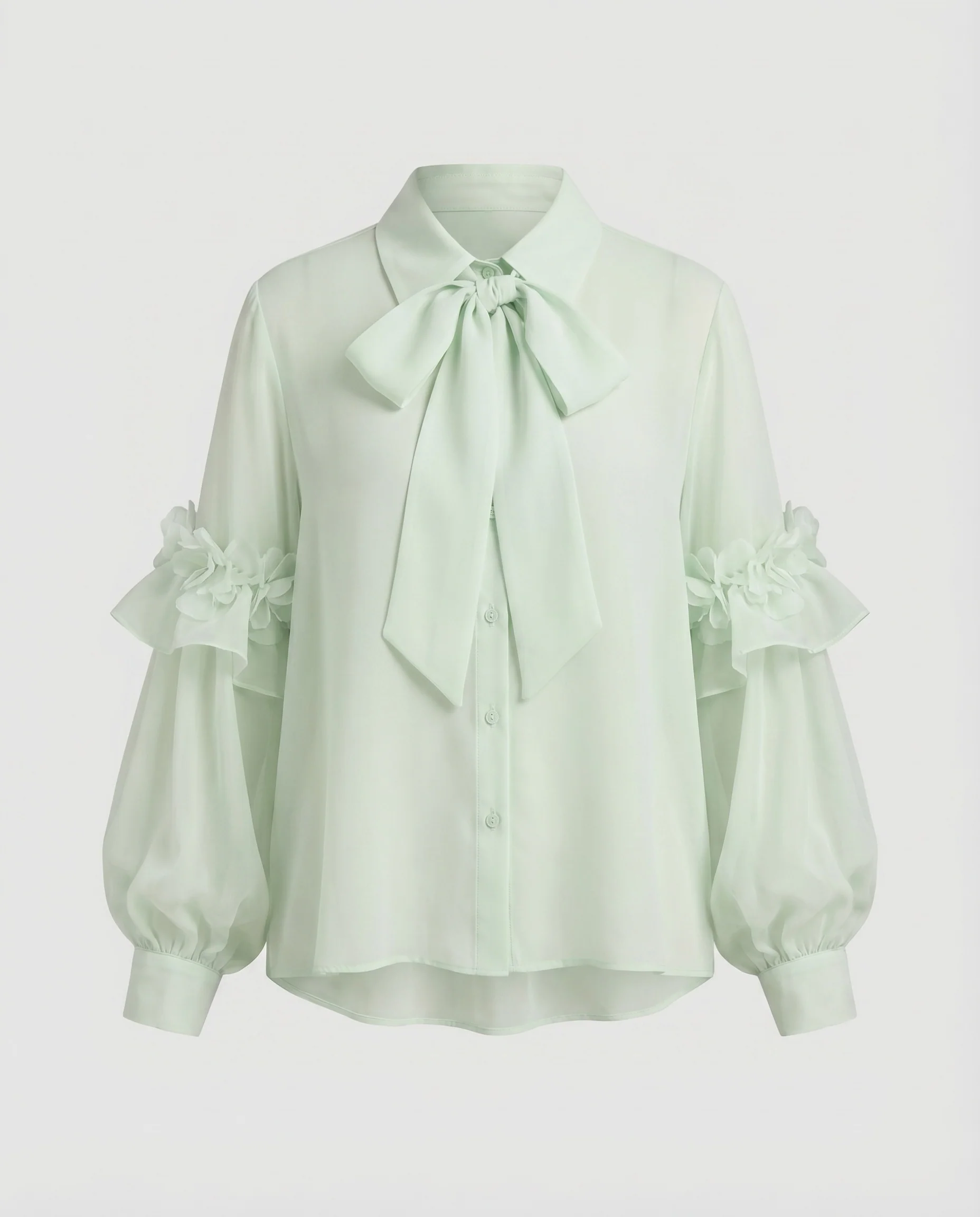Damen Chiffonbluse Schleifenkragen Rüschenärmel Blüten-Applikation - Image 4