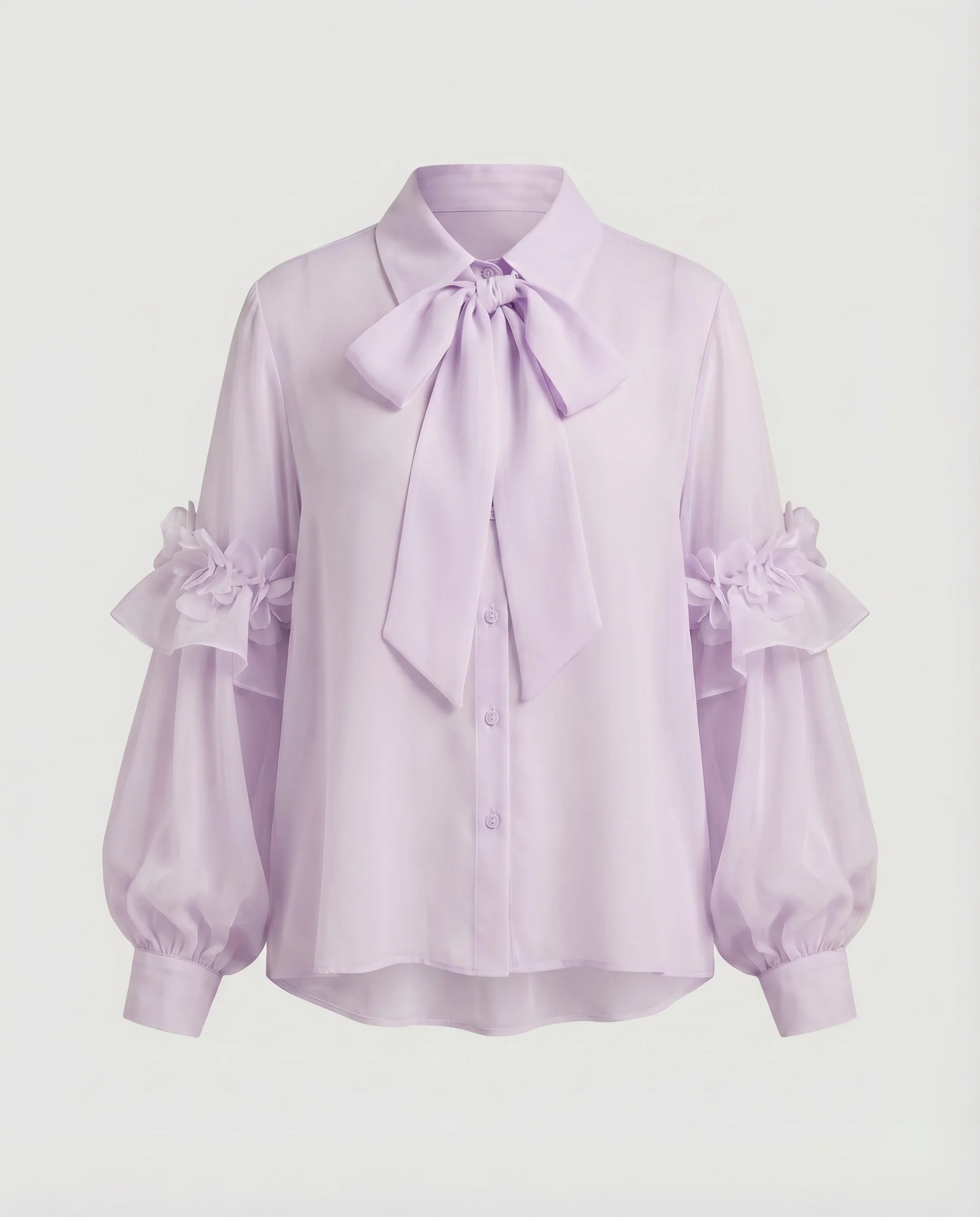 Damen Chiffonbluse Schleifenkragen Rüschenärmel Blüten-Applikation - Image 5