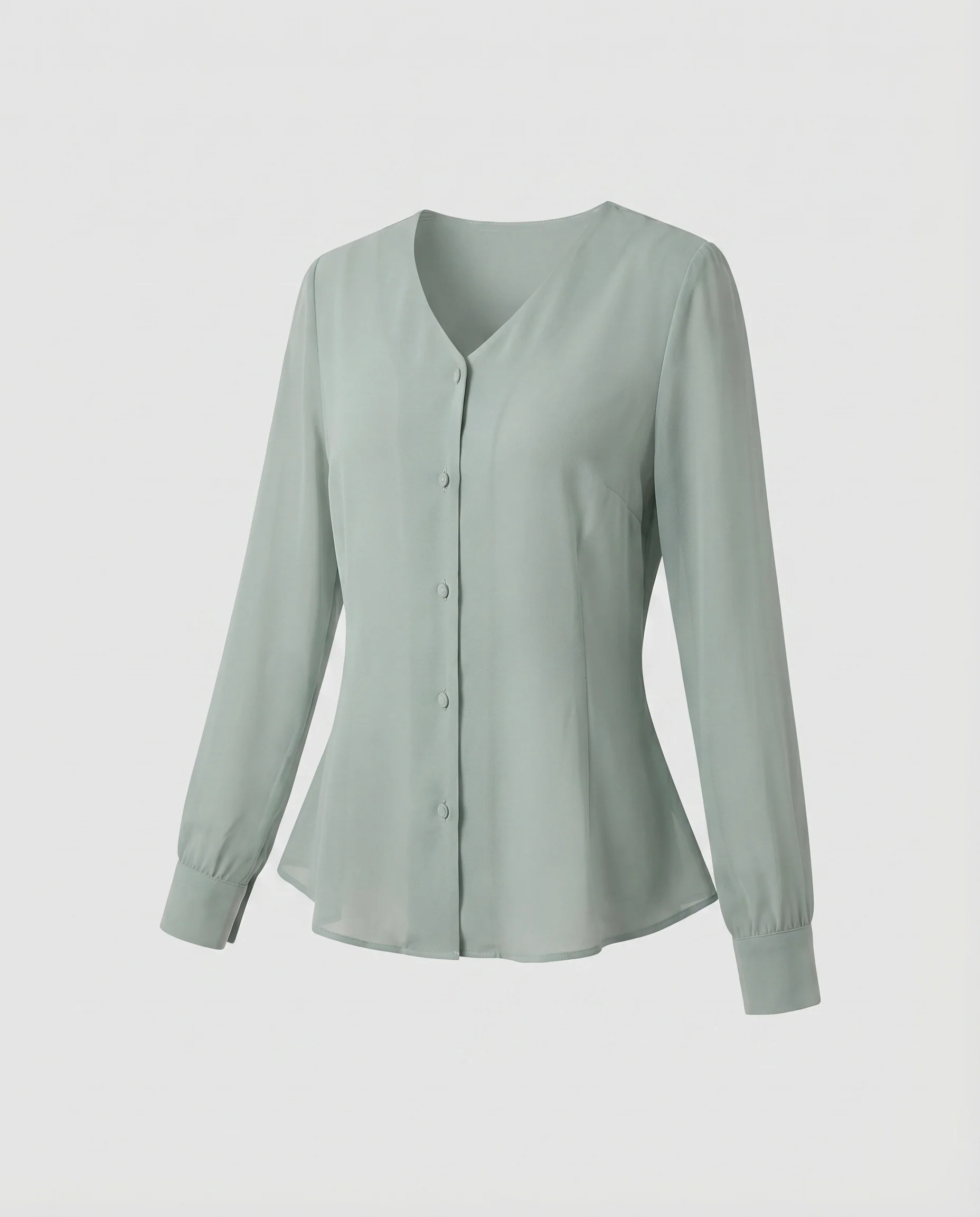 Damen Chiffonbluse Perlenknopfleiste Geraffte Ärmel V-Ausschnitt - Image 5