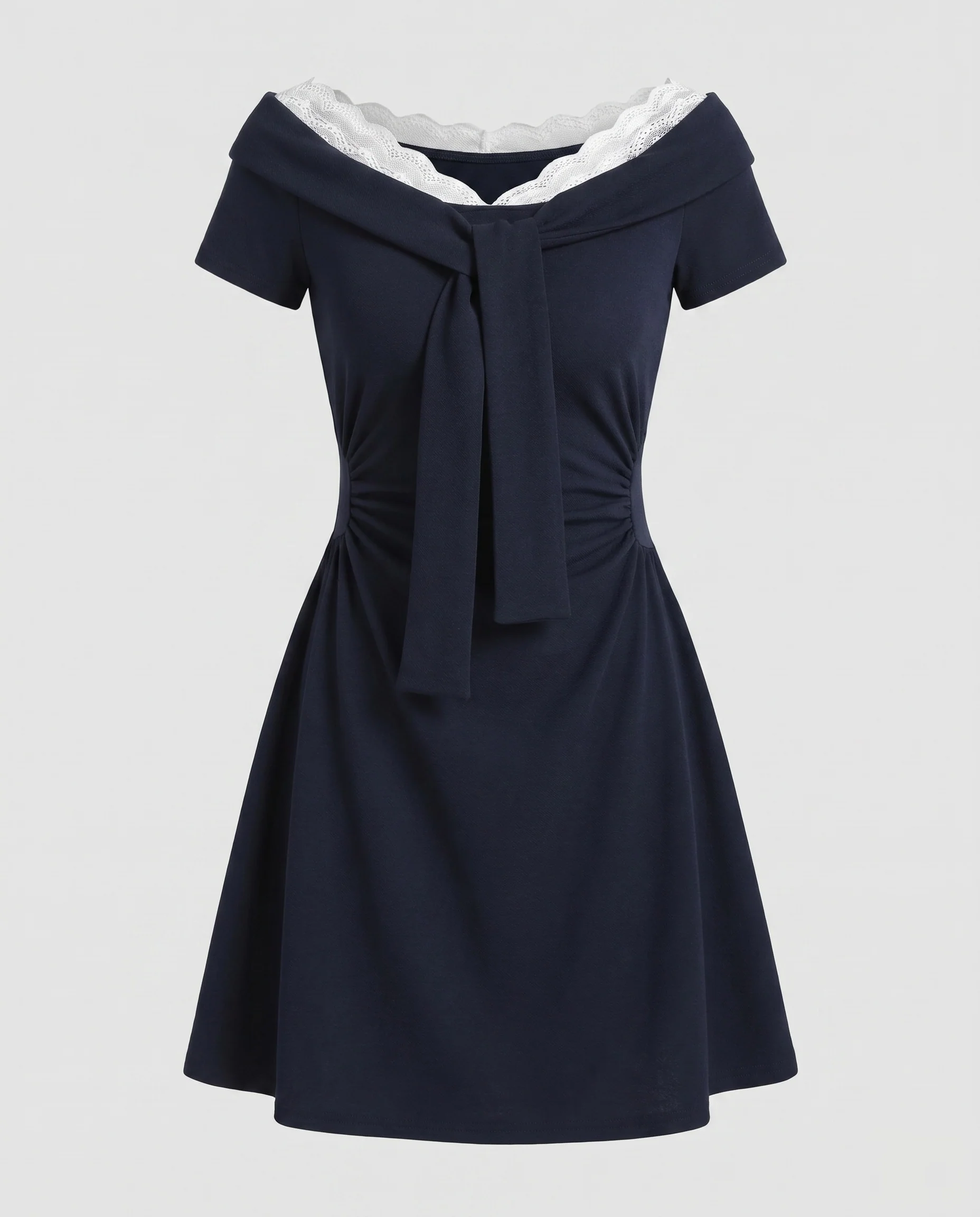 Damen nan elegantes A-Linienkleid mit Carmen-Ausschnitt, Spitzeneinsatz, taillenbetonter Raffung und dekorativem Schleifenband - Image 5