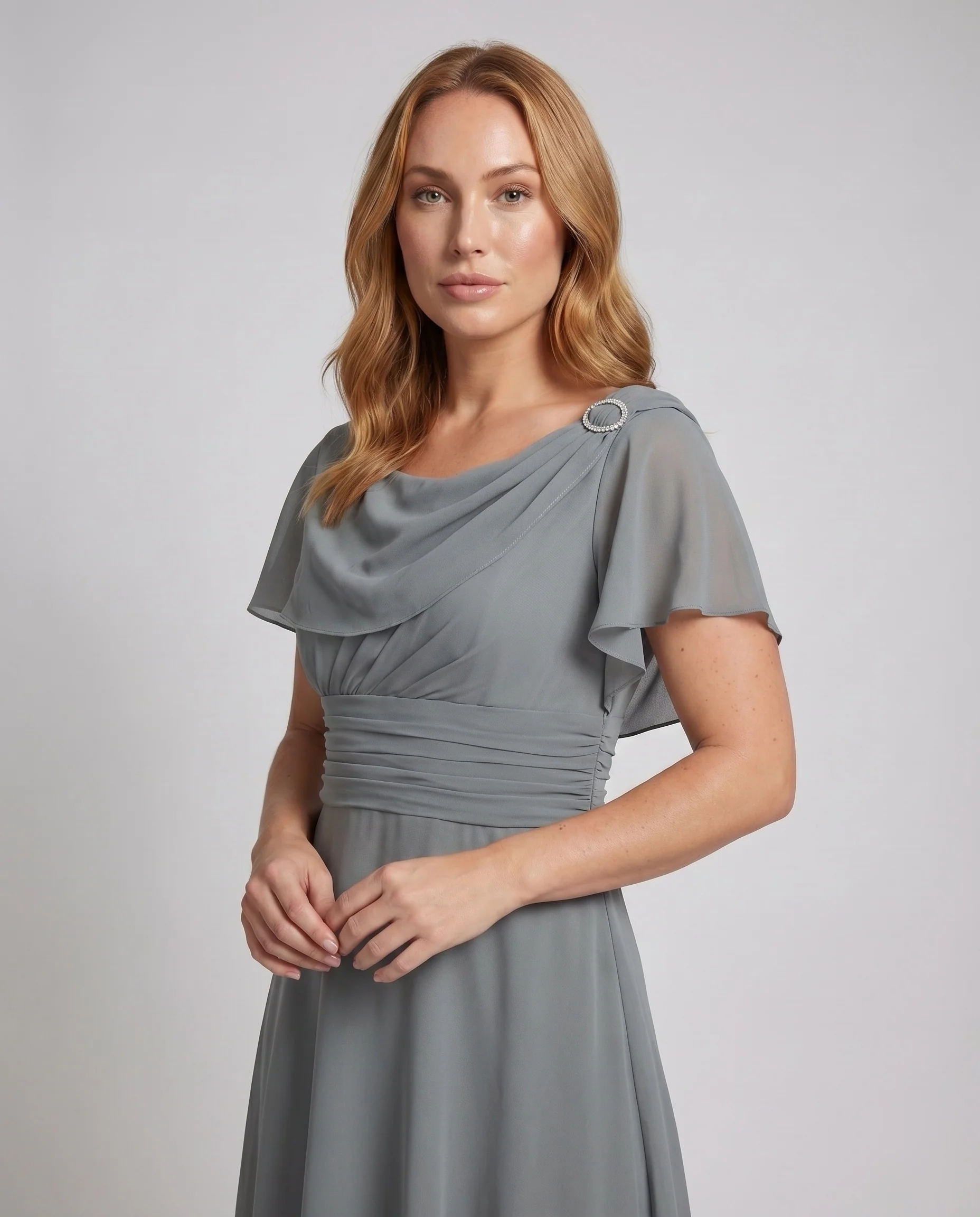 Damen Chiffon-Midikleid Wasserfall-Ausschnitt Volantärmel Raffung - Image 2