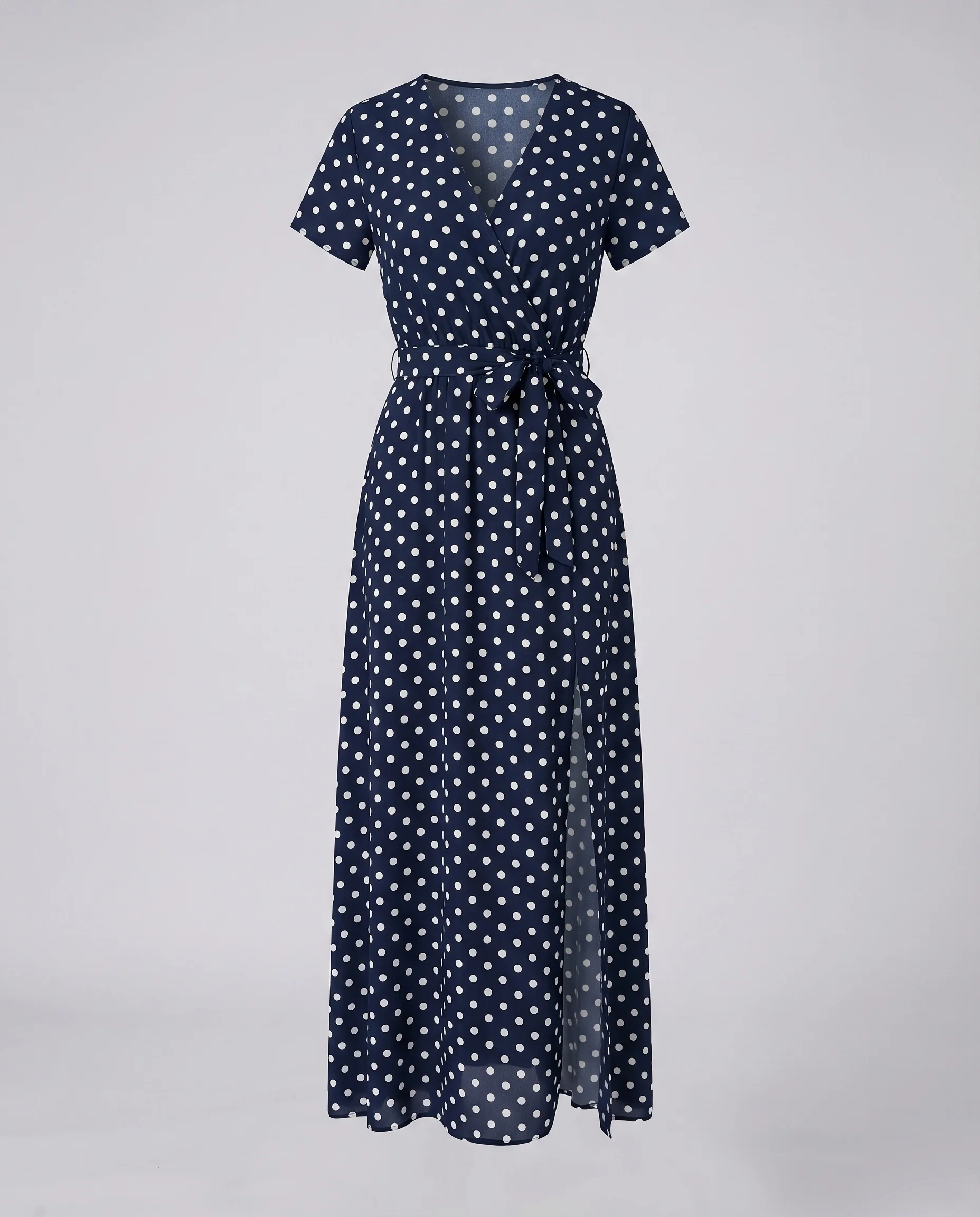 Damen Wickel-Maxikleid Knoten-Taillenband Beinschlitz Kurzarm - Image 8