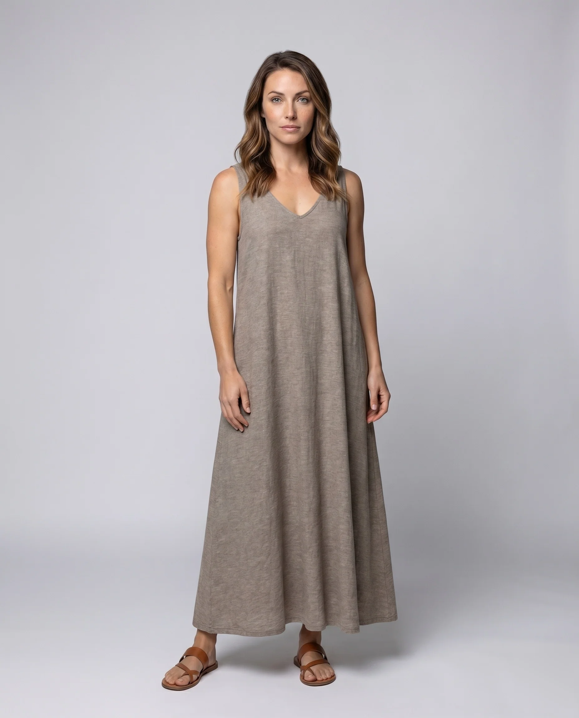 Damen Leinen-Swingkleid V-Ausschnitt Breite Träger Entspannt