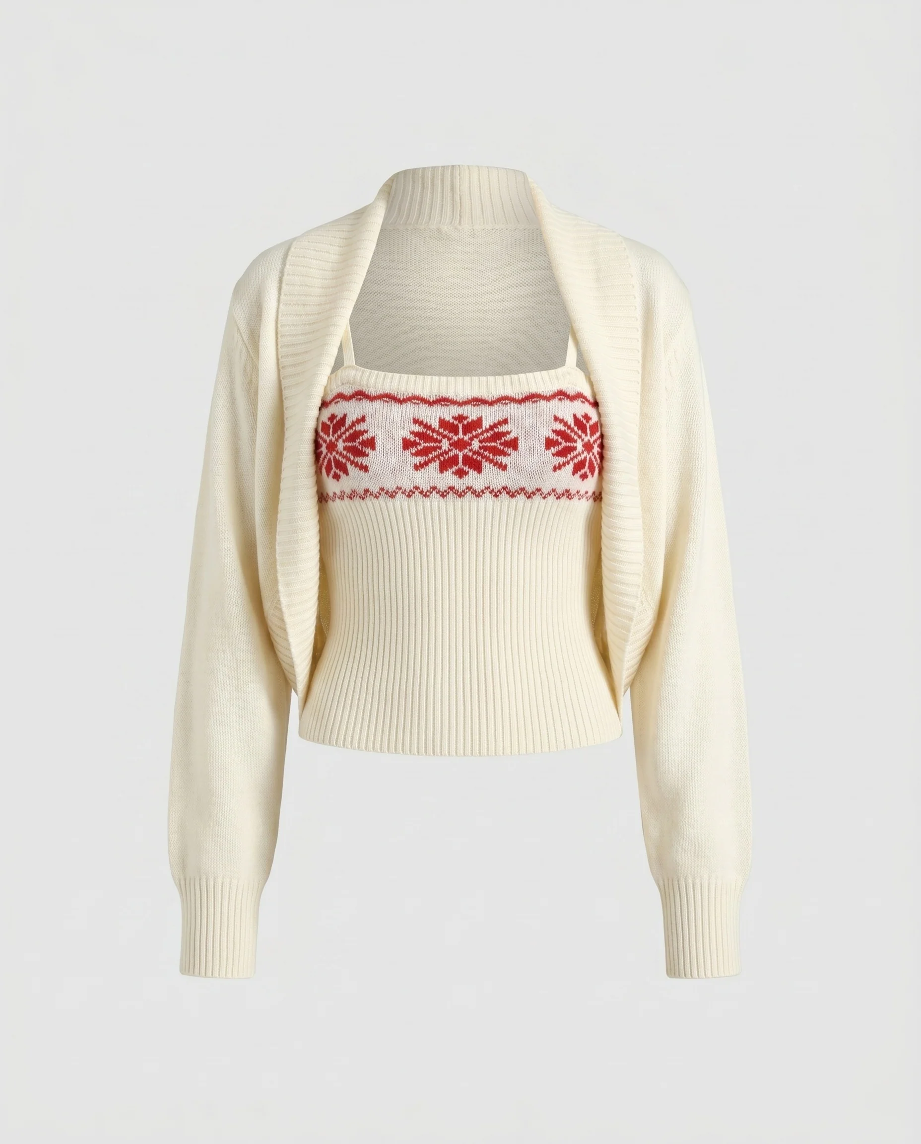 Damen nan Fair-Isle Bustier-Set mit gerippter Corsage, offener Schalkragen-Cardigan und abnehmbarer Kunstfellstola - Image 5