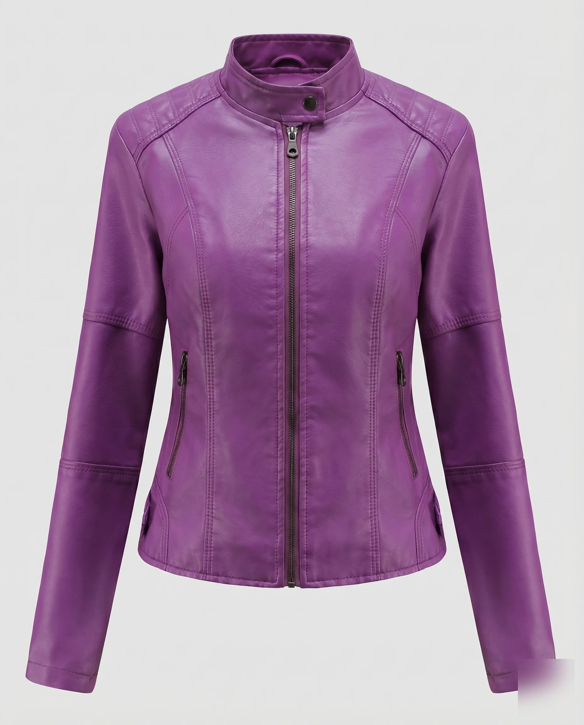 Damen Kurzblouson Lederimitat Stehkragen Reißverschlusstaschen - Image 5
