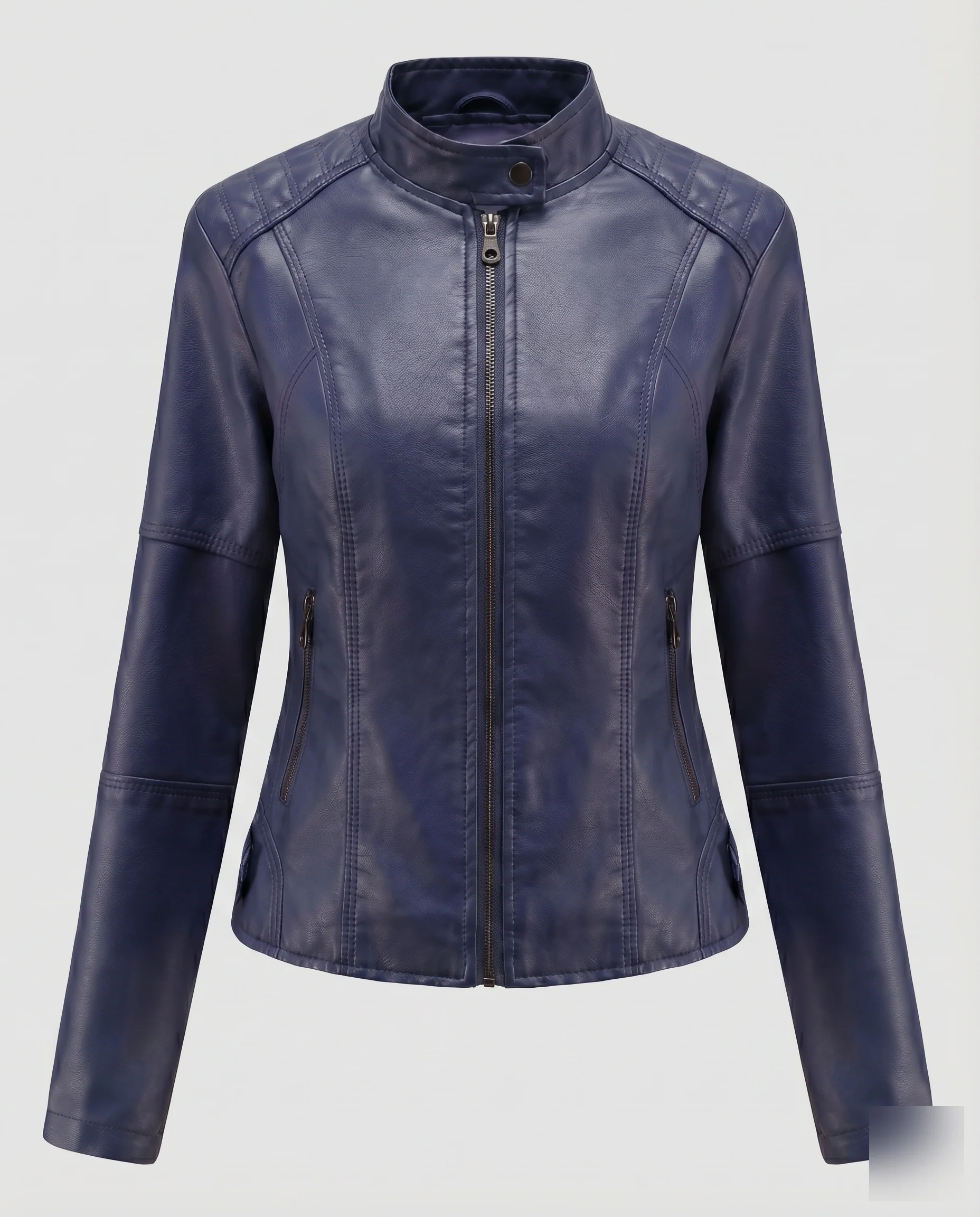 Damen Kurzblouson Lederimitat Stehkragen Reißverschlusstaschen - Image 7