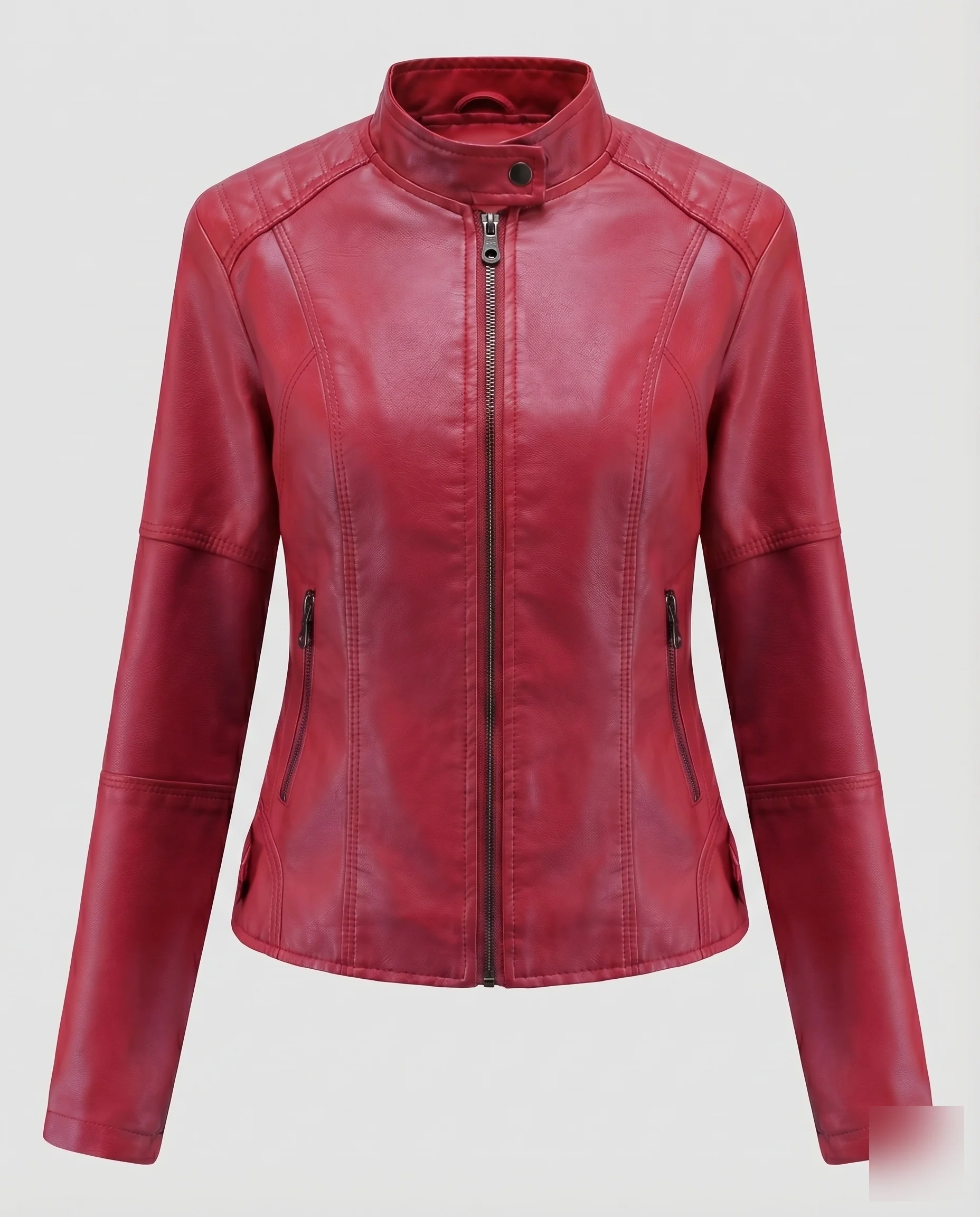 Damen Kurzblouson Lederimitat Stehkragen Reißverschlusstaschen - Image 8