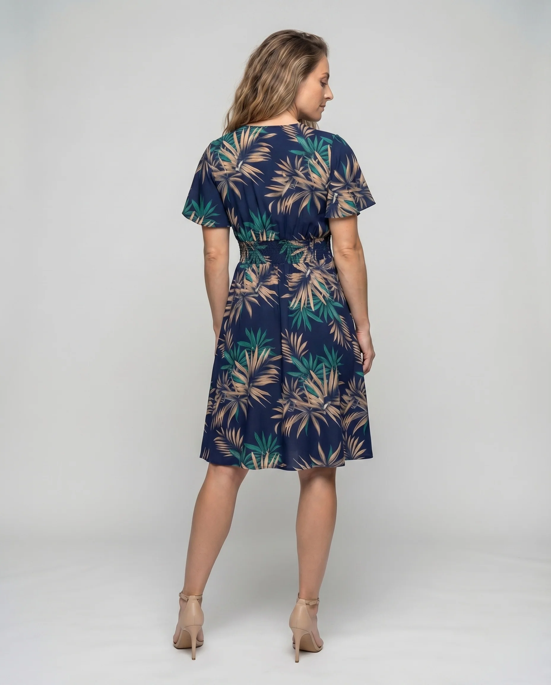 Damen Midikleid Tropenstil Smokbund Wickel-Dekolleté - Image 4