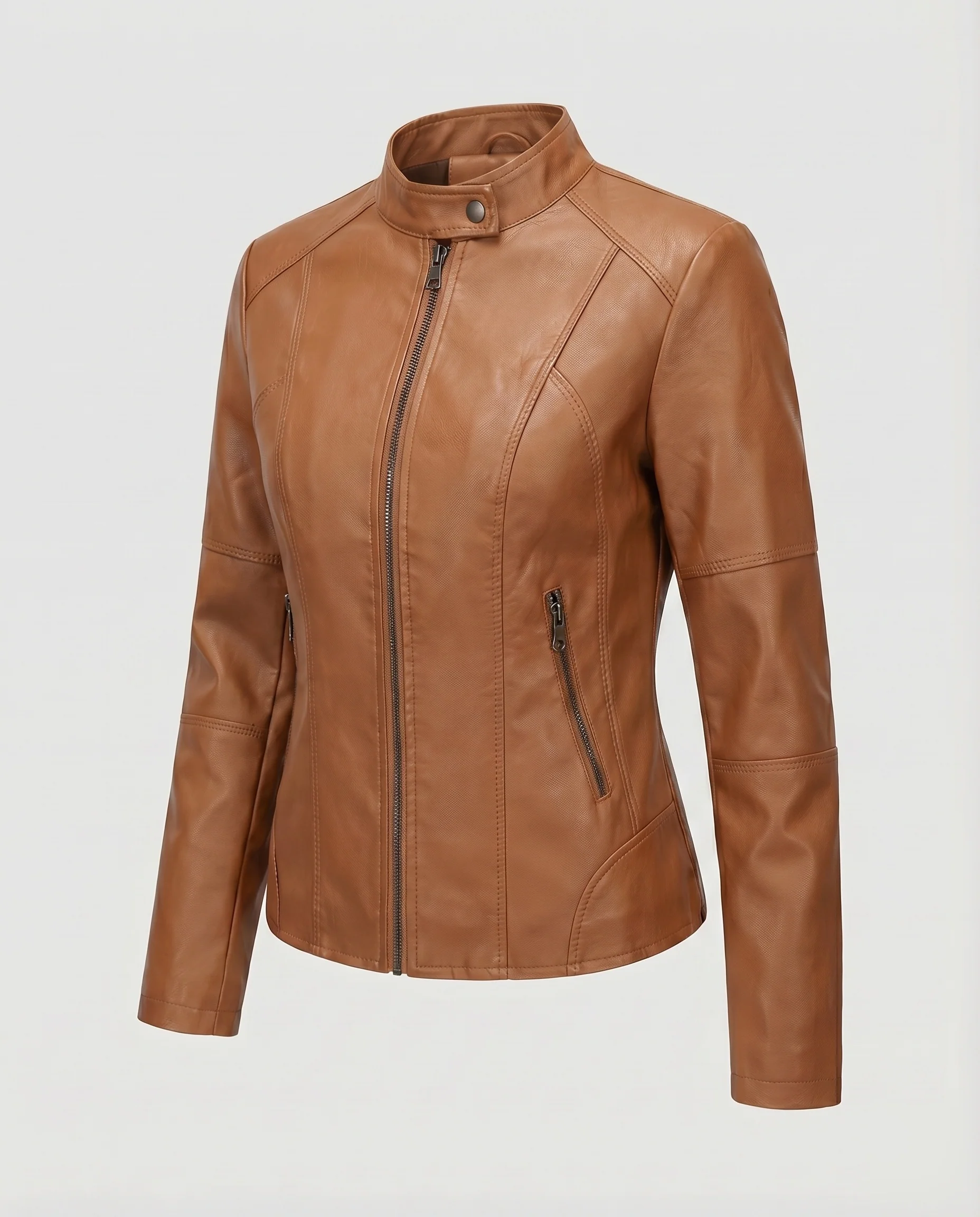 Damen Kunstleder-Racerjacke Stehkragen Teilungsnähte - Image 10
