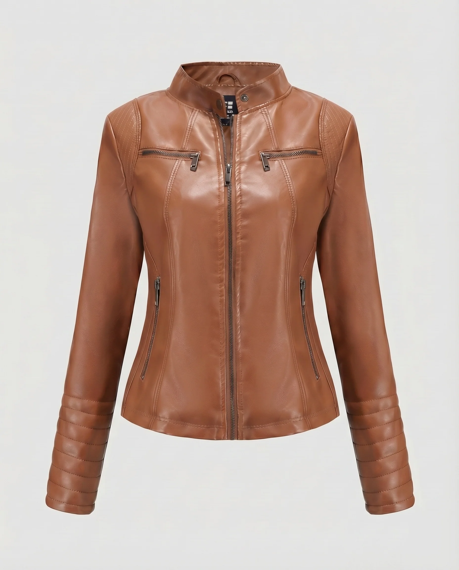 Damen Kunstlederjacke Stehkragen Teilungsnähte Gesteppt - Image 6
