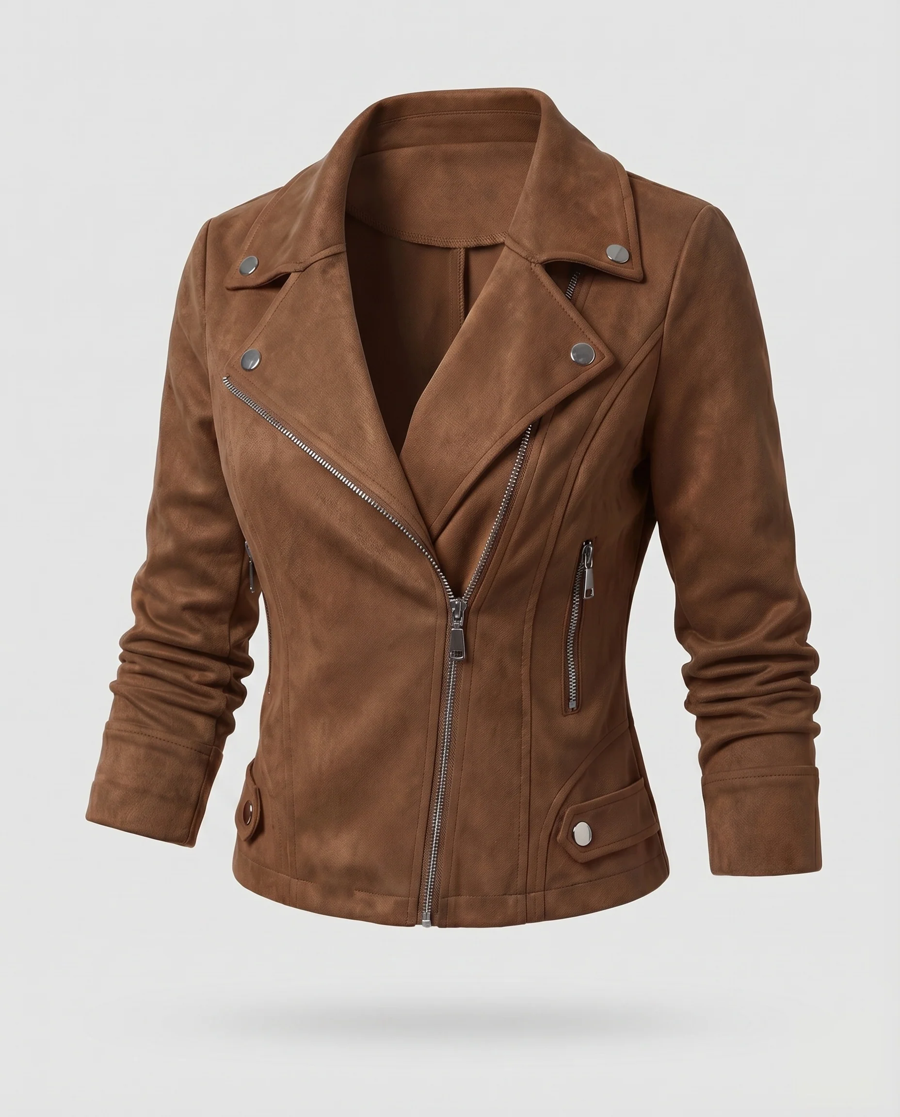 Damen Bikerjacke Veloursoptik Asymmetrisch Zierknöpfe - Image 16