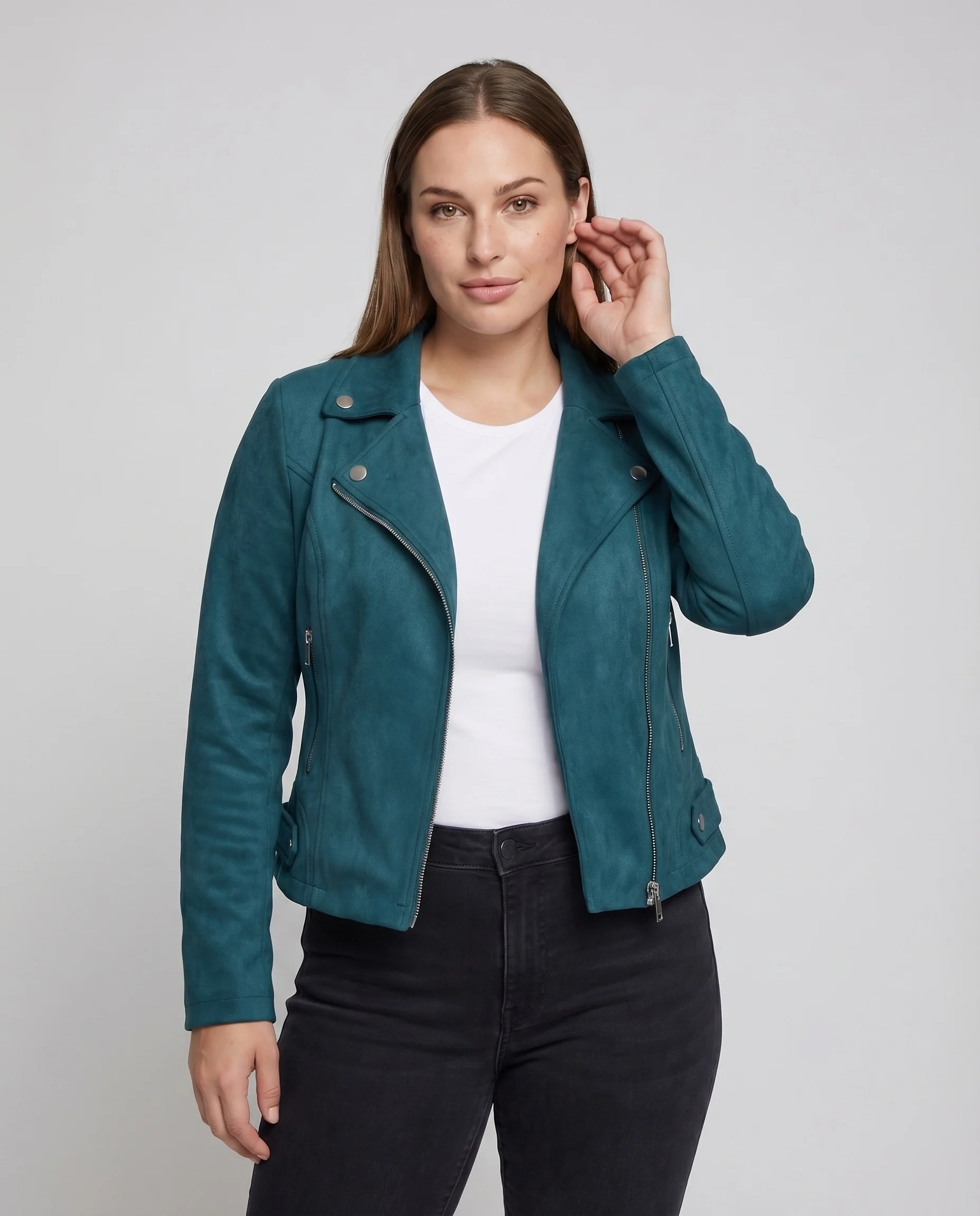 Damen Bikerjacke Veloursoptik Asymmetrisch Zierknöpfe - Image 2