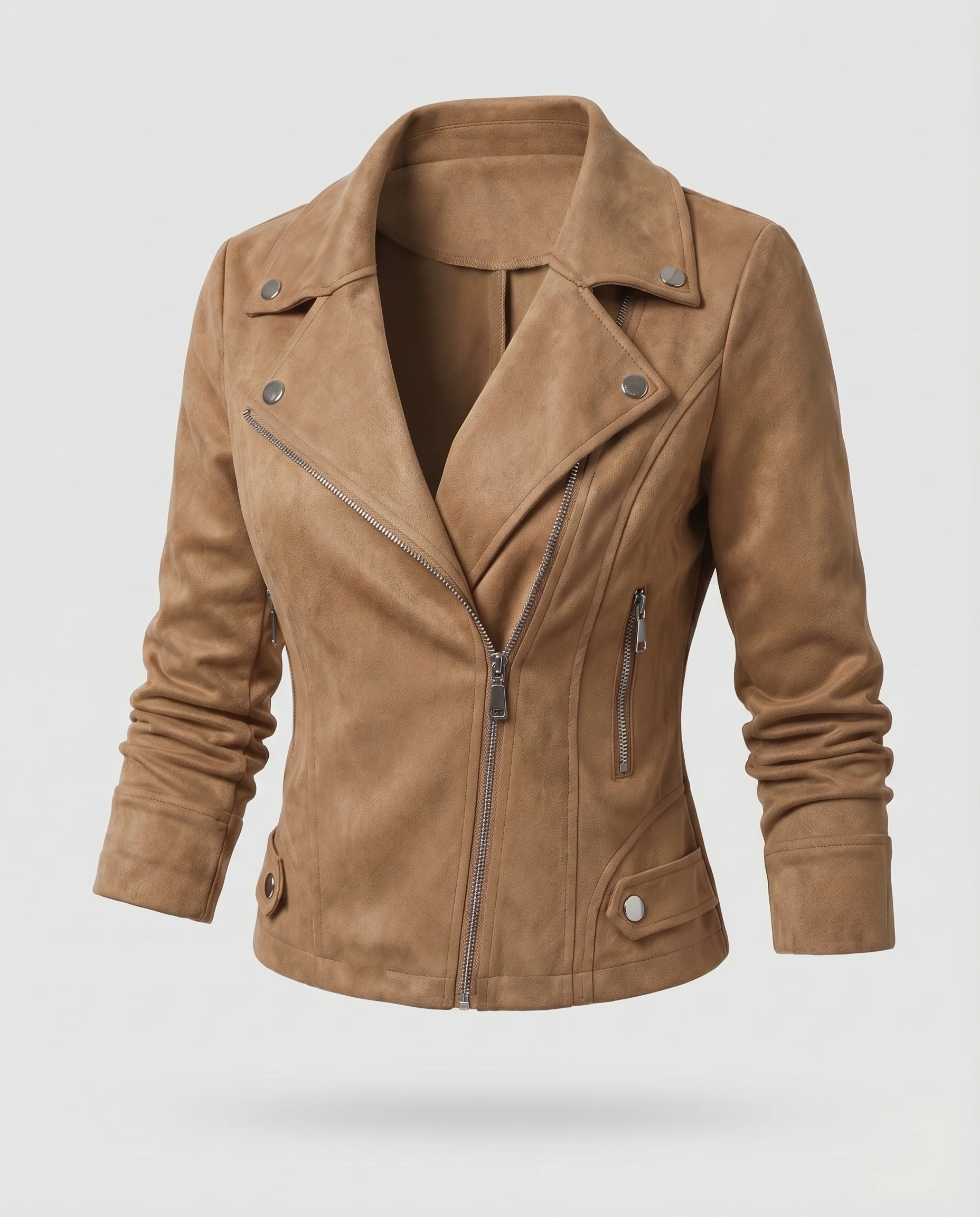 Damen Bikerjacke Veloursoptik Asymmetrisch Zierknöpfe - Image 6