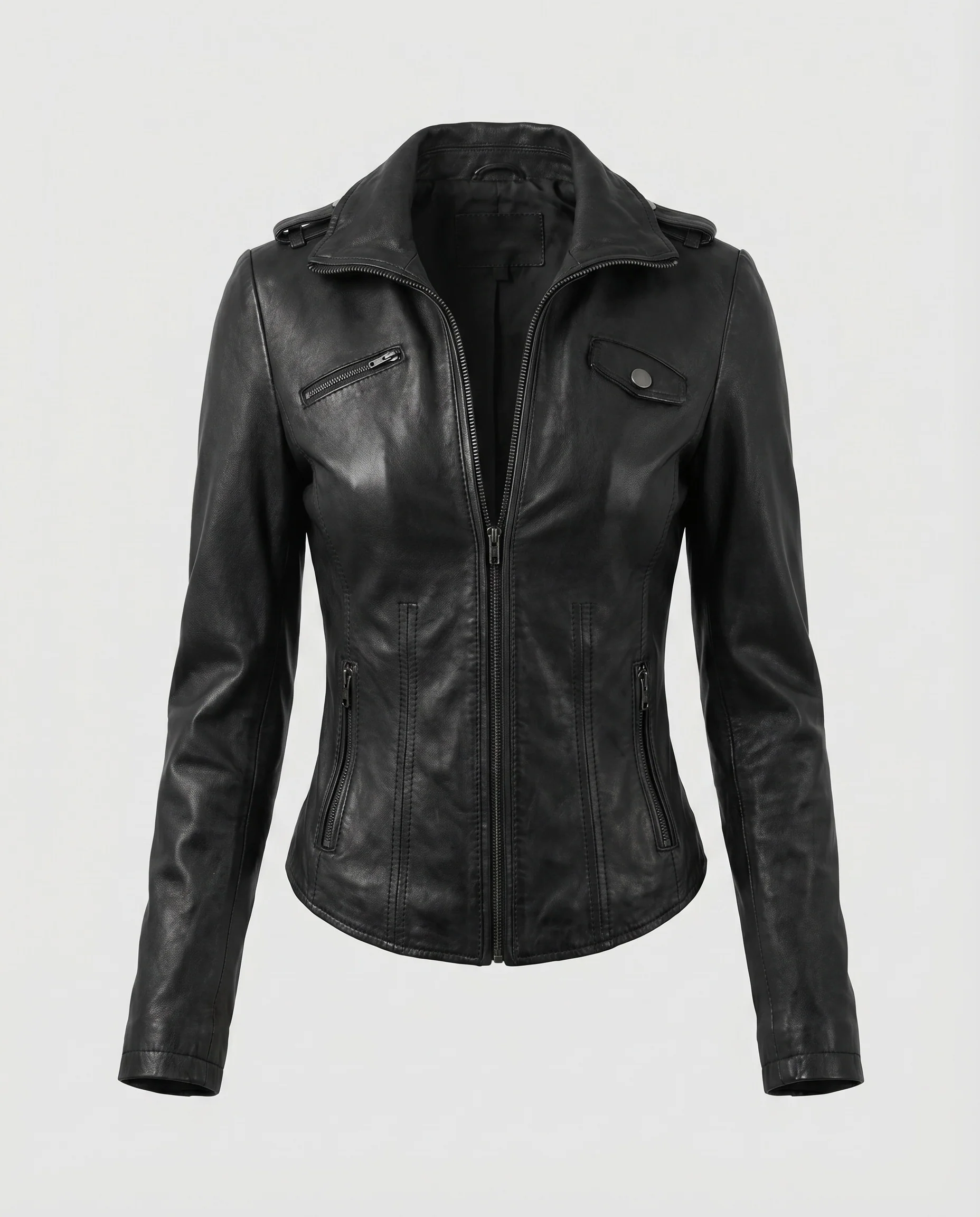 Damen Biker-Lederjacke Tailliert Reißverschlusstaschen - Image 4