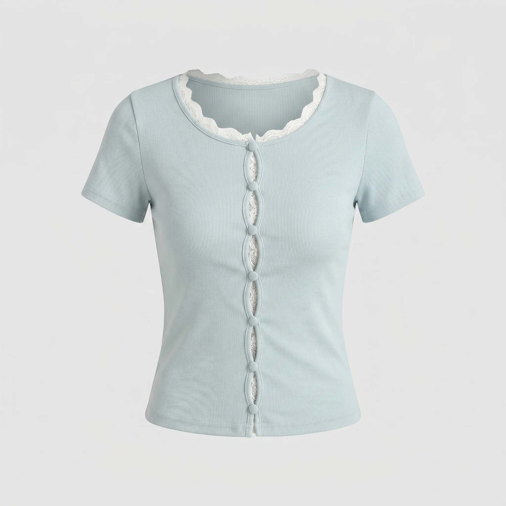 Damen nan figurbetonter Kurzarm-Cardigan mit Perlenknopfleiste und Spitzenbesatz - Image 6