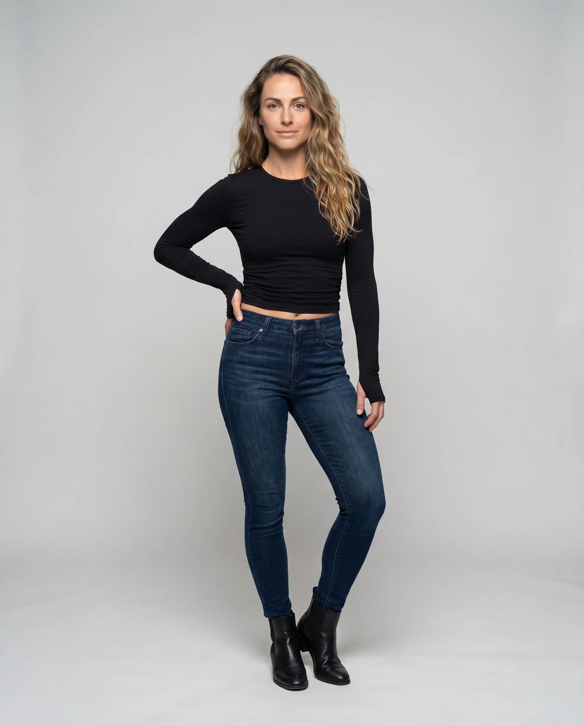 Damen Crop-Top Daumenloch Lange Ärmel Rundhals