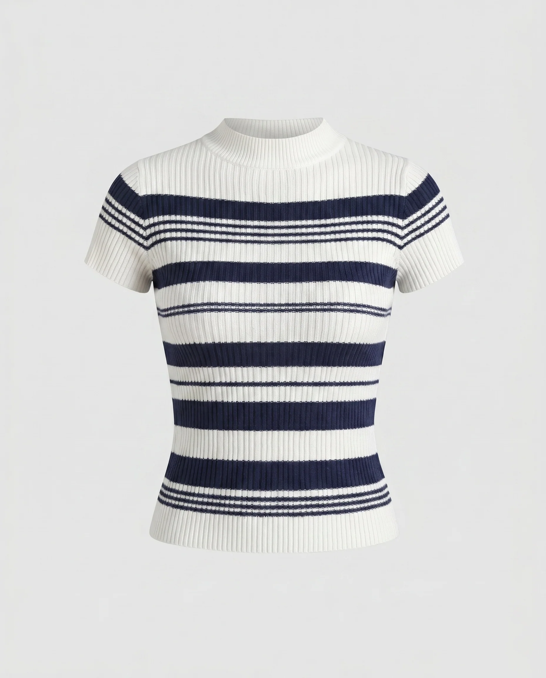 Damen nan figurbetontes geripptes Kurzarm-Feinstricktop mit hohem Stehkragen und maritimem Streifenmuster - Image 5