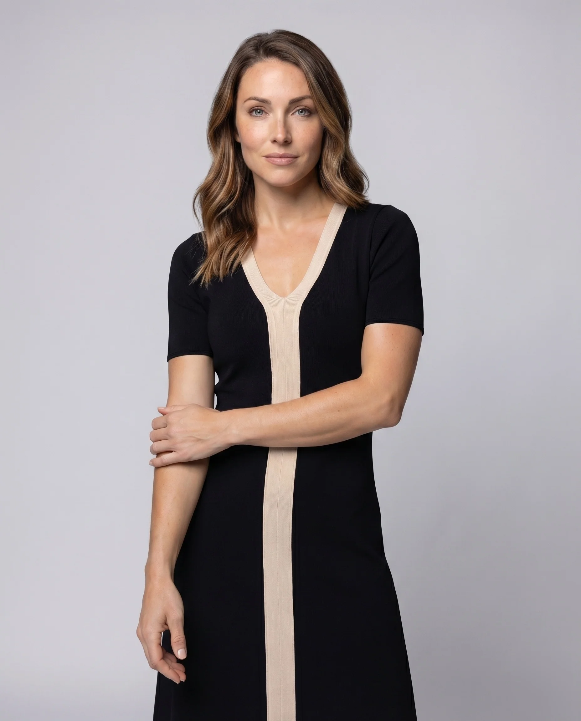 Damen Ripp-Midikleid V-Ausschnitt Kontraststreifen Figurbetont - Image 2