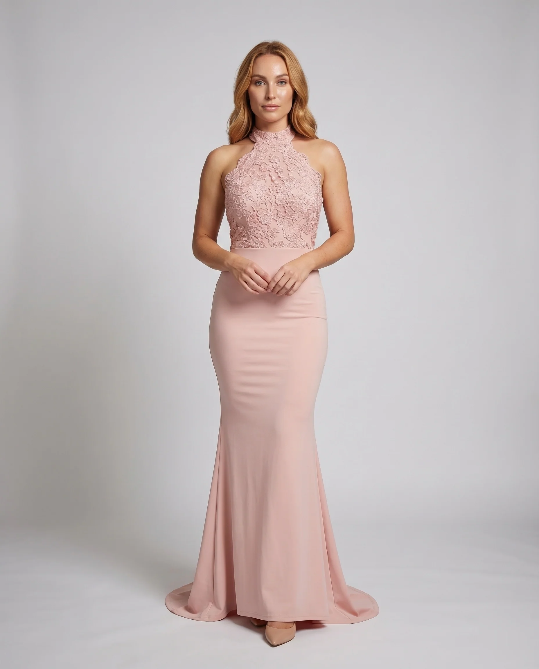 Damen Korsagen-Abendkleid Halterkragen Spitzen-Schleppe
