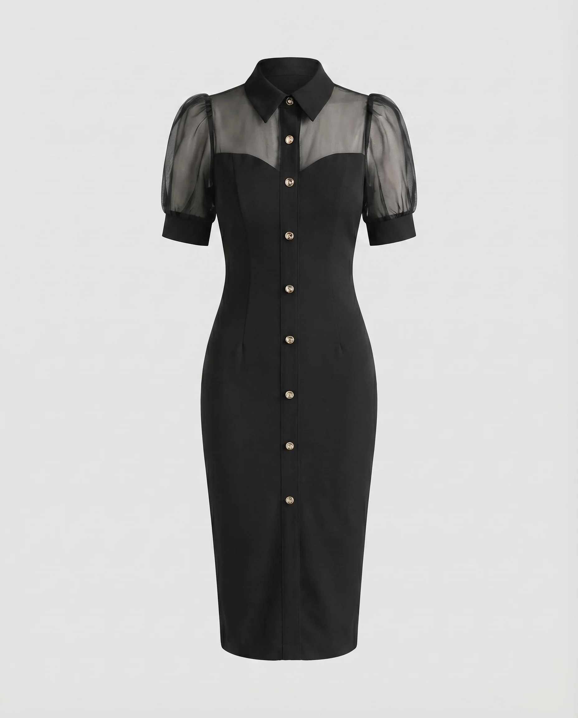 Damen Bleistiftkleid Tüll-Einsatz Organza-Puffärmel Hemdkragen - Image 6