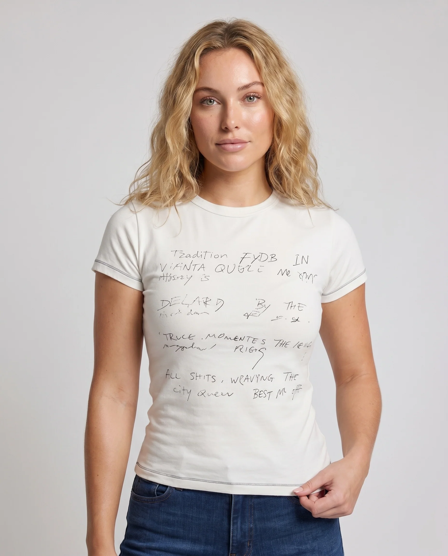 Damen nan figurbetontes Kurzarmshirt aus weichem Baumwolljersey mit handschriftlichem Print und feiner Kantenpaspel - Image 2
