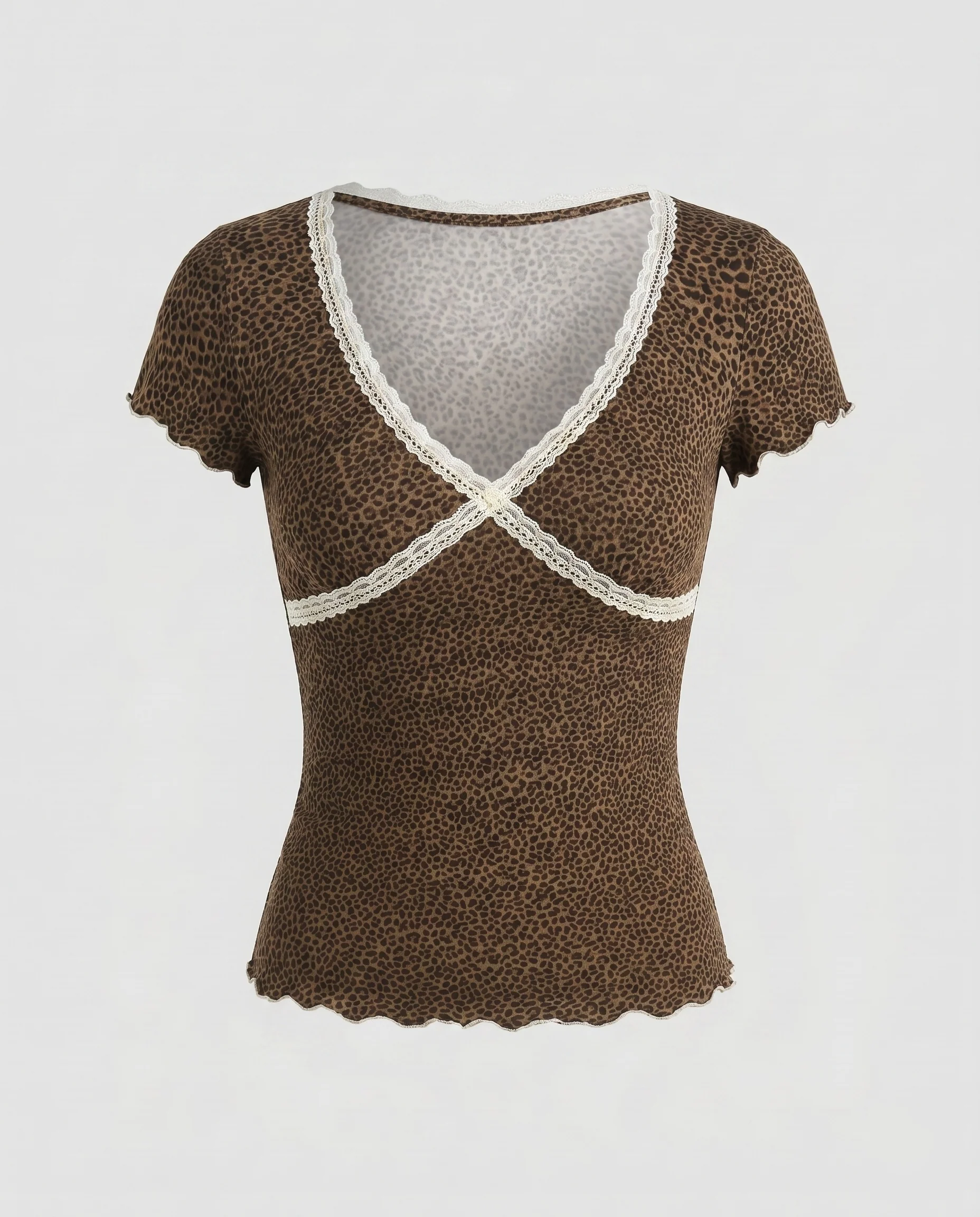 Damen nan figurbetontes Kurzarmshirt mit Spitzen-V-Ausschnitt und Herzchenmuster - Image 6